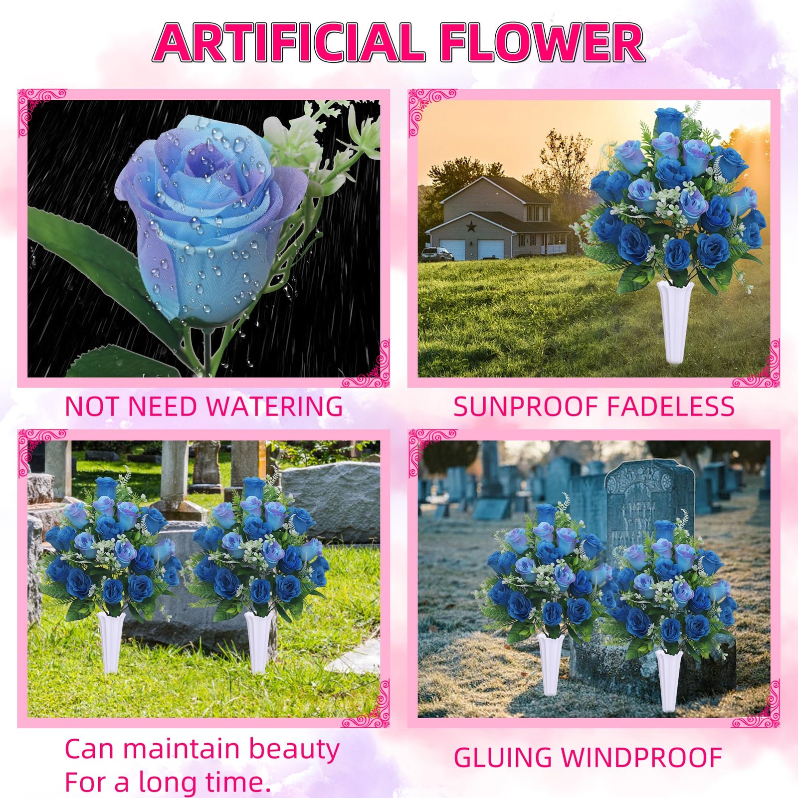 Set of 2 Artificial Cemetery Flowers, Grave Memorial Flowers with Vase, Outdo…