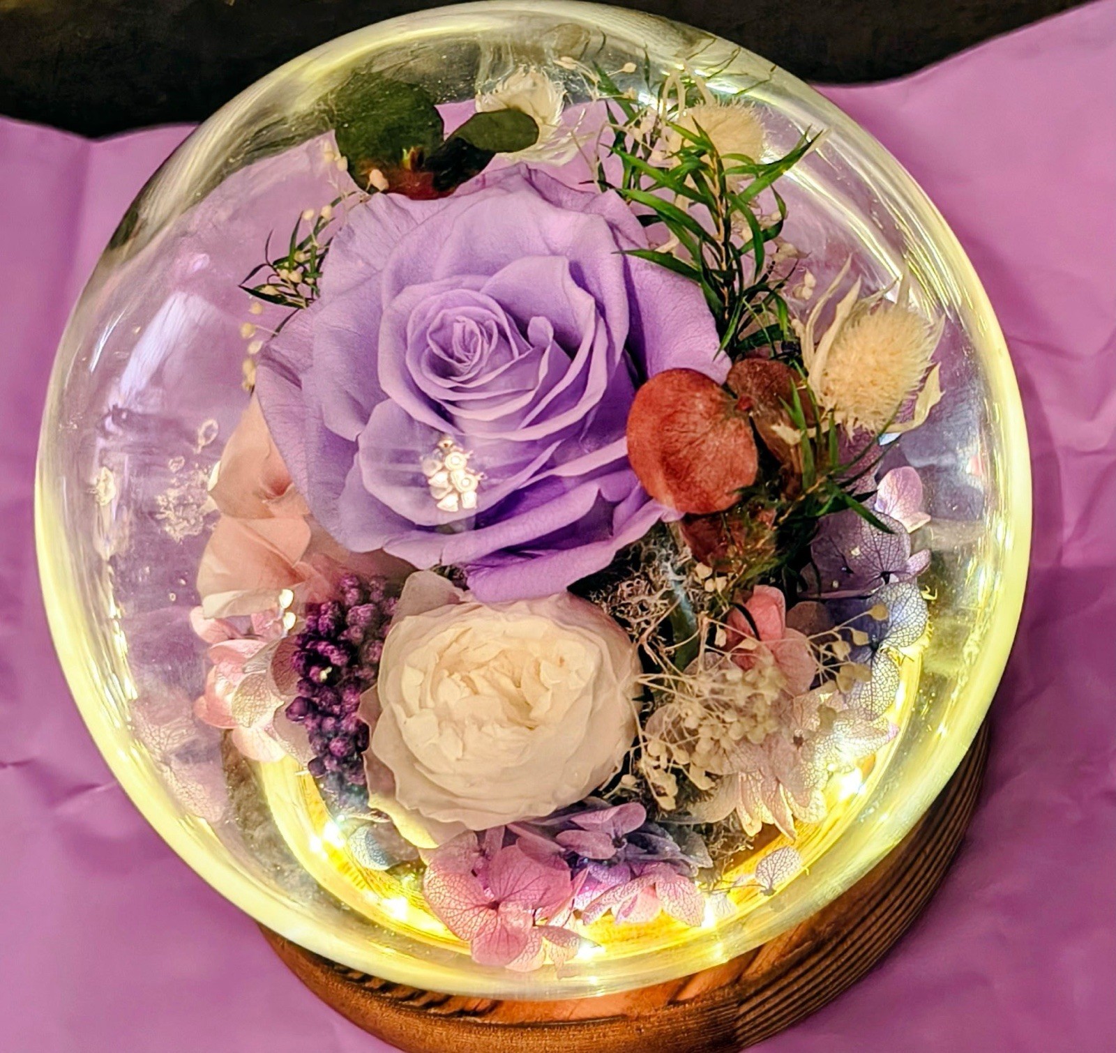 Artificial Rose Floral Arrangement Glass Dome with LED Lights, Purple White