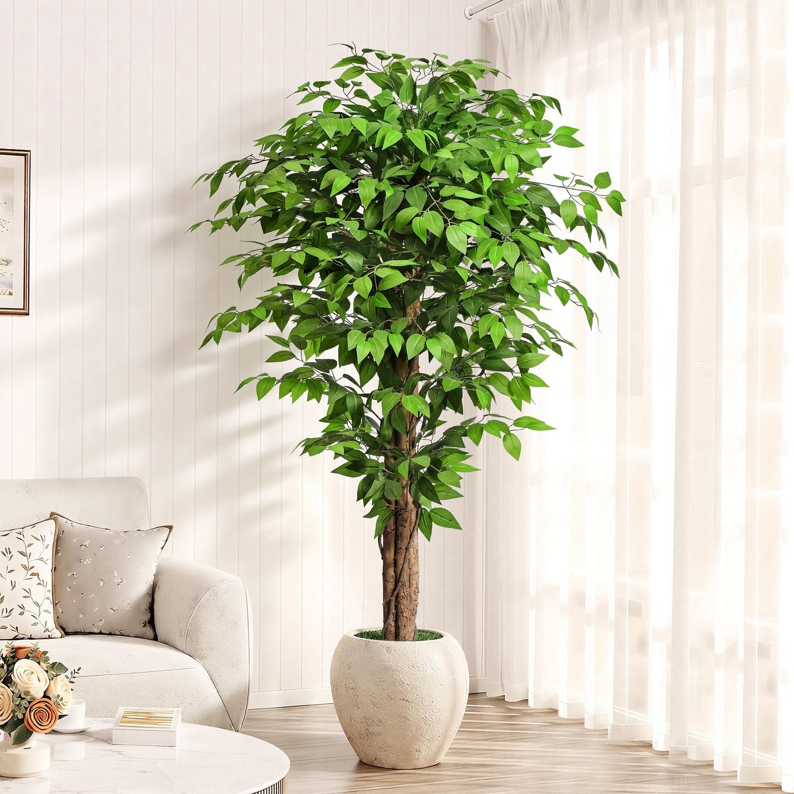 6.2ft Ficus Artificial Trees with 3 Natural Curved Trunks, 74″ Tall Lush Faux…