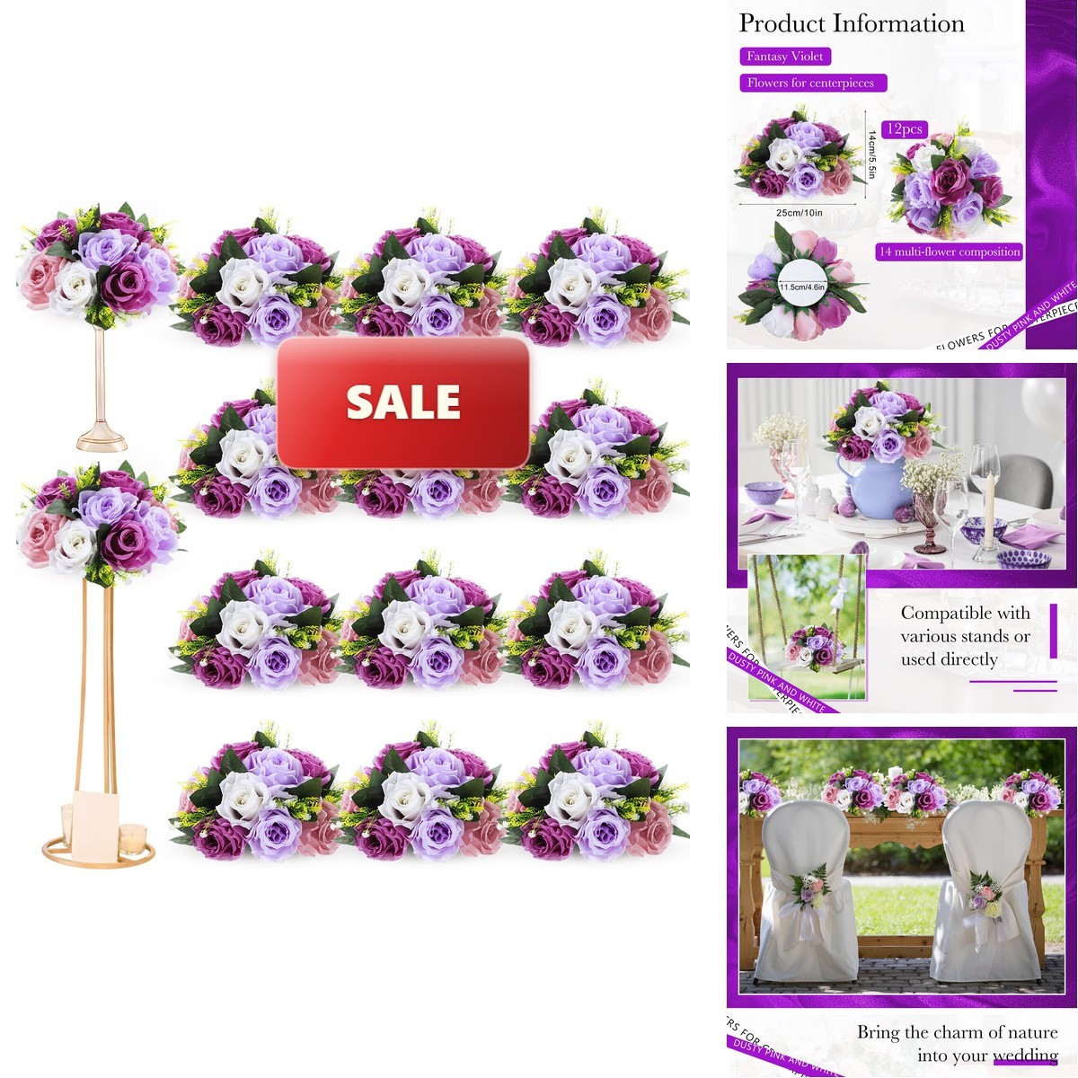 Hotop 12 Pcs Artificial Rose Flower Balls – Fantasy Violet