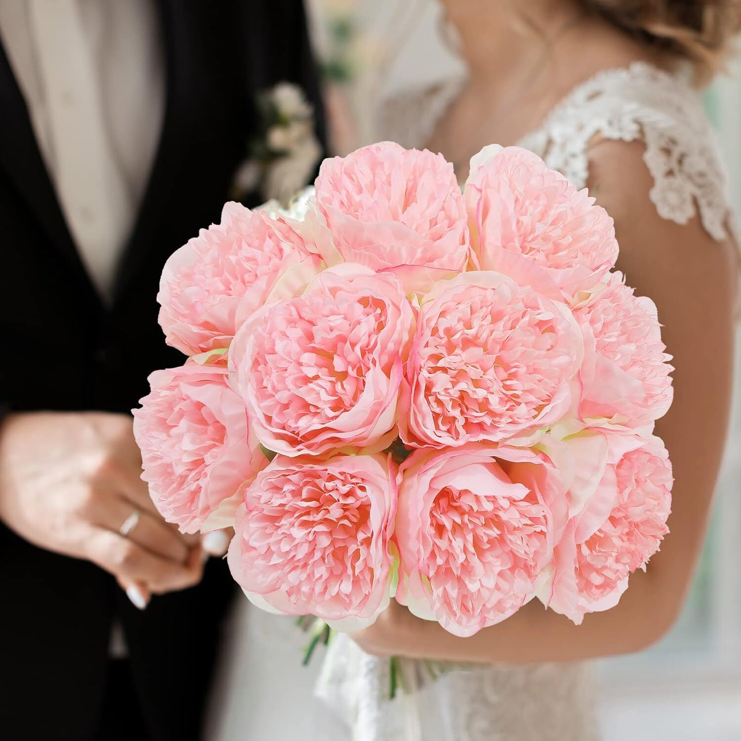 2 bunches of 10 artificial peony silk flowers Party Decoration (milky white)