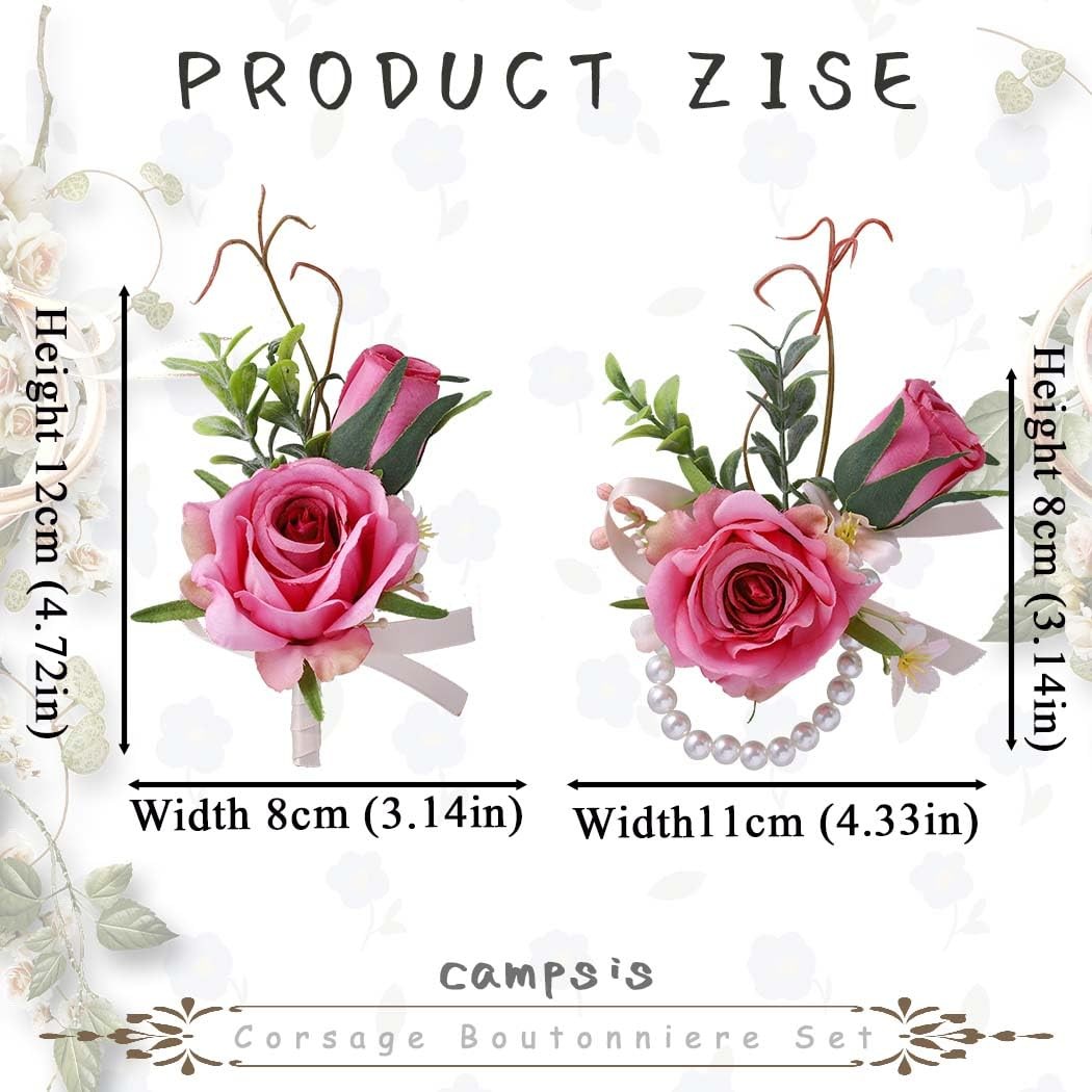 Pink Rose Corsage Boutonniere Set Groomsmen Buttonholes Wrist Decoration