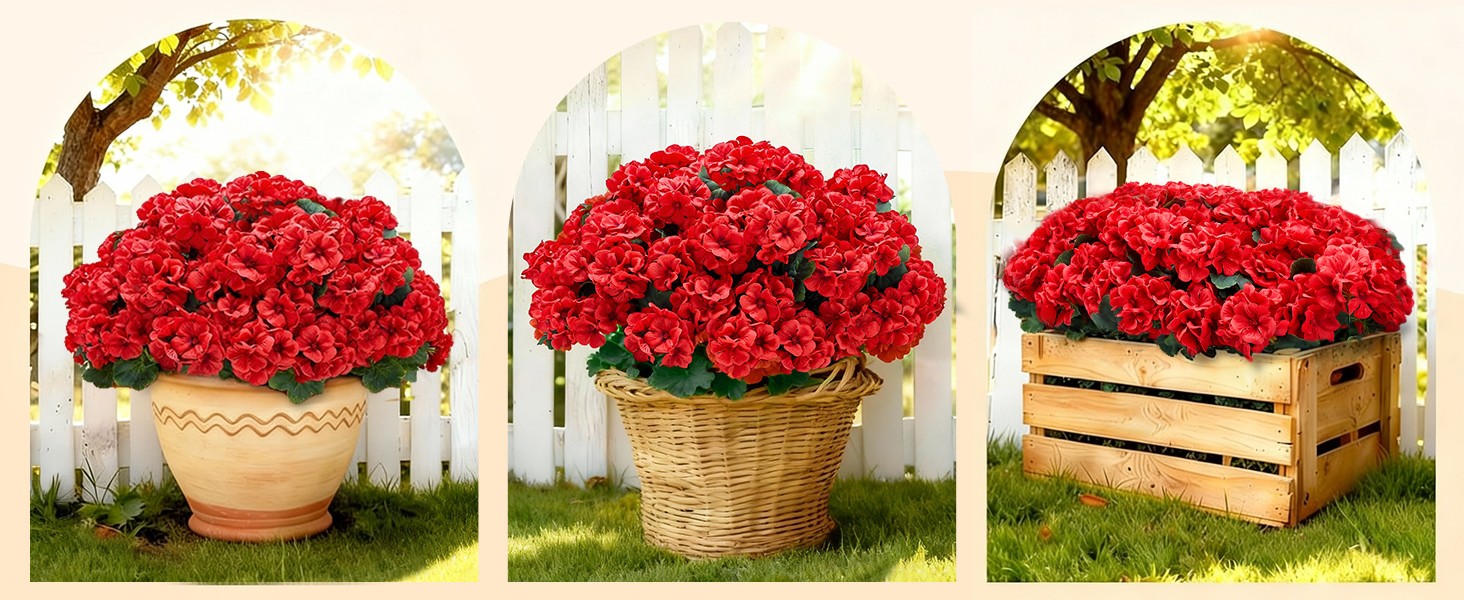 Artificial Geranium Flowers for Outdoors: 6 PCS Realistic UV Resistant Faux Red