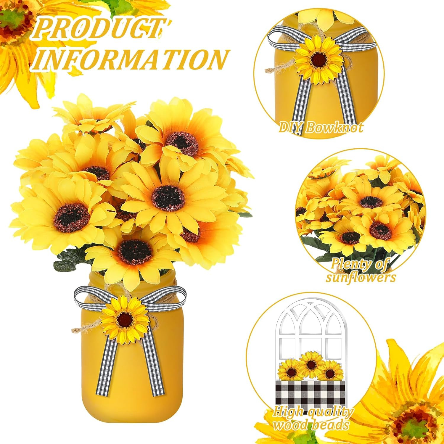 12 Sets Sunflower Mason Jar Centerpiece for Table Summer Sunflower Decor with Ar