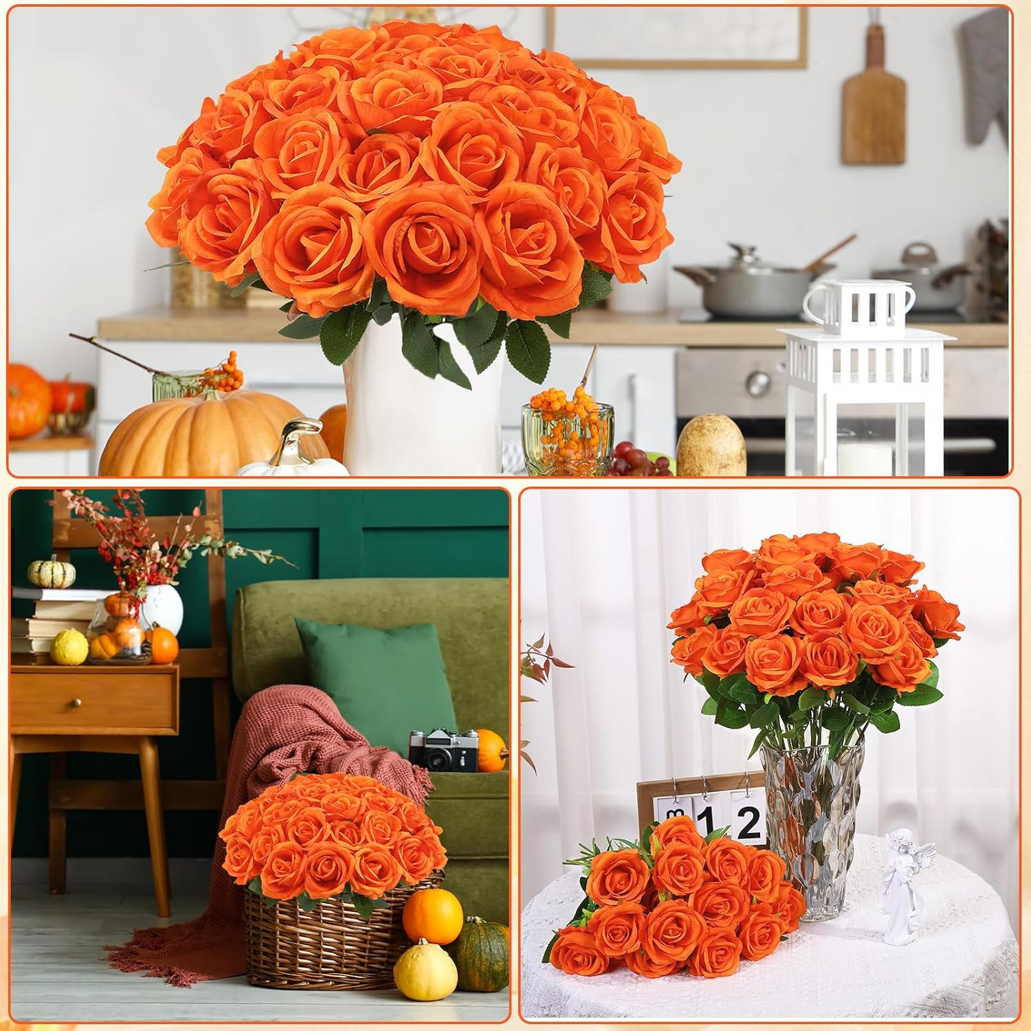 72 Pcs Burnt Orange Silk Roses – Realistic Faux Flowers for Home & Weddings