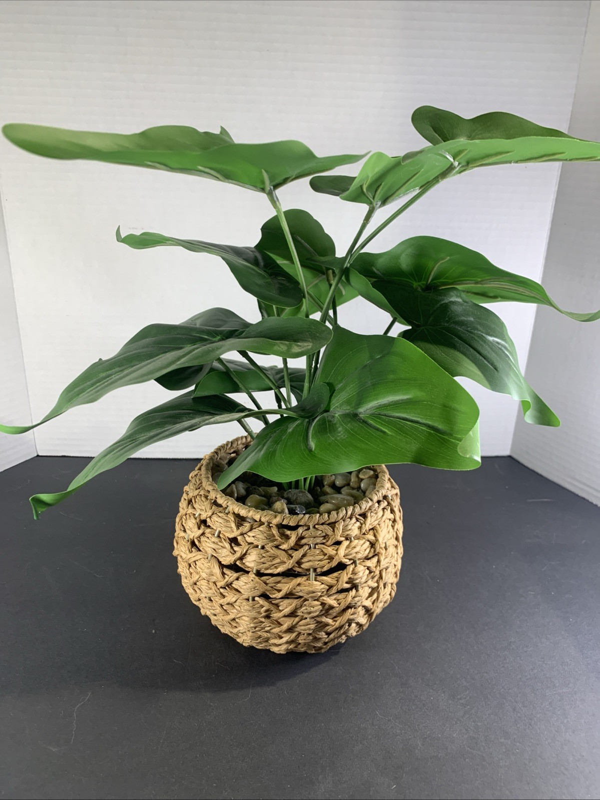 Faux Tropical Sweetheart Plant Seagrass Woven Planter Alocasia River Rock 12”