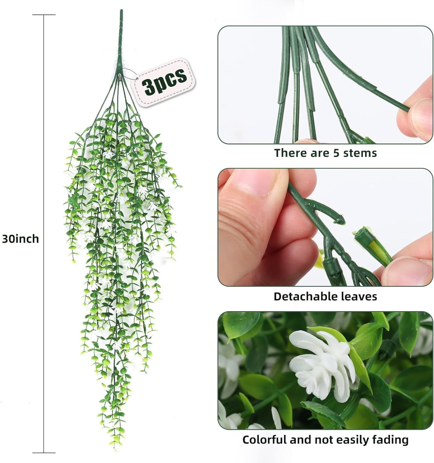 3 PCS White Artificial Hanging Eucalyptus Flowers Faux Greenery Home Decor