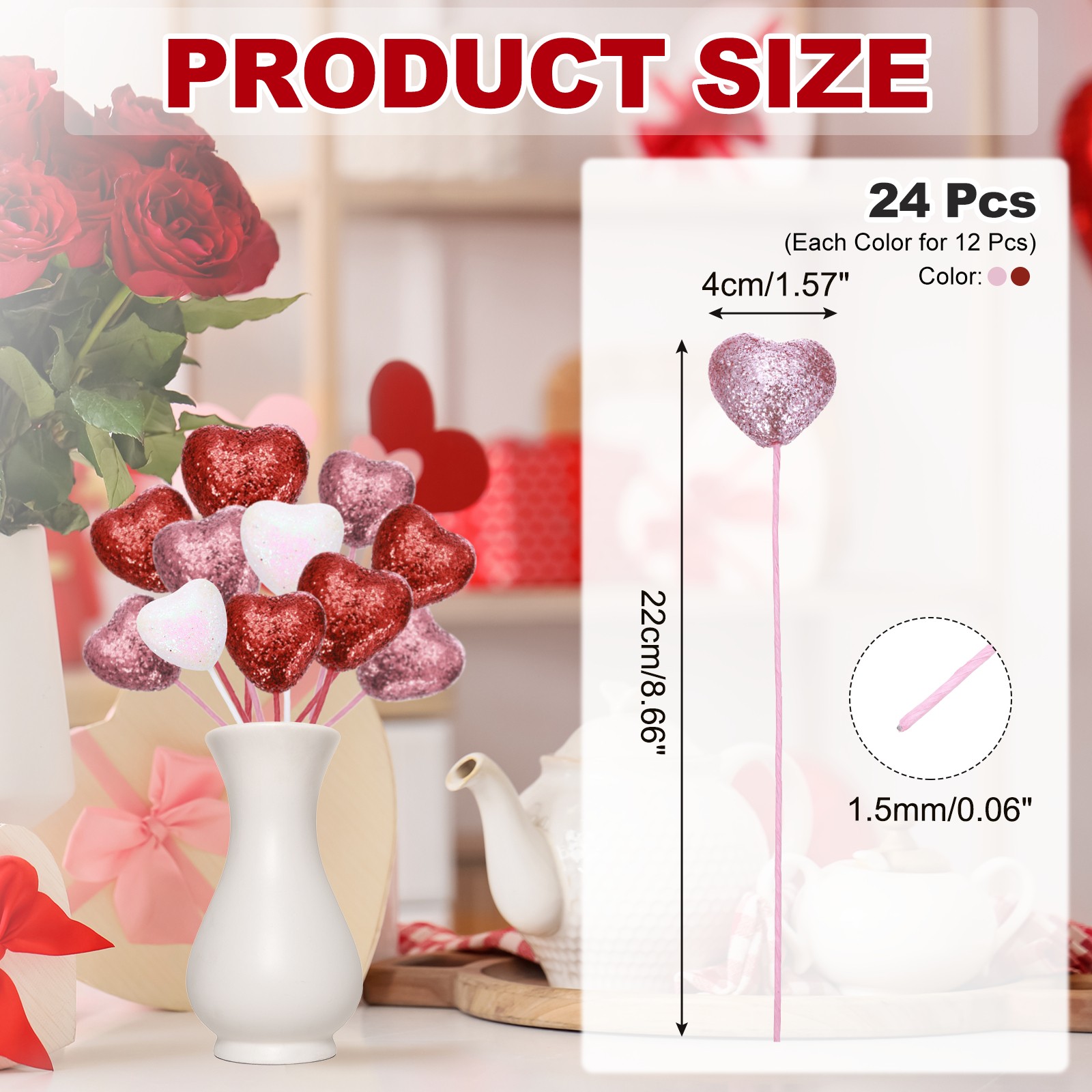 24Pcs Glitter Heart Shaped Picks Puffy Foam Hearts Stick Red/Pink, 4cm x 22cm
