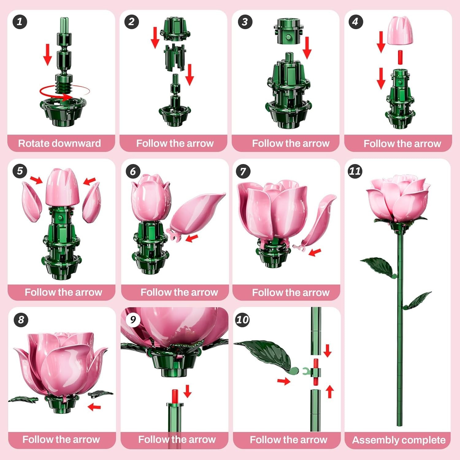 Pink Rose Bouquet Building Set for Girls & Boys – 12 Pack Botanical Collectio…