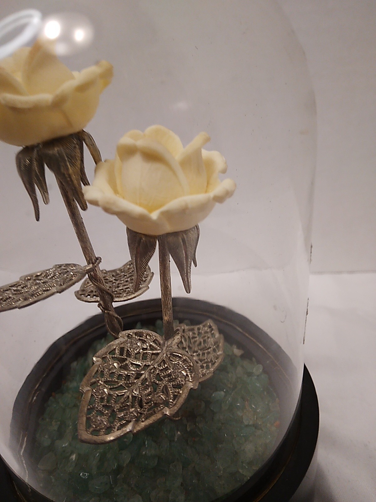 Glass Dome Display With Porcelain Roses On Silver Stems Wood Base NEEDS CLEANING