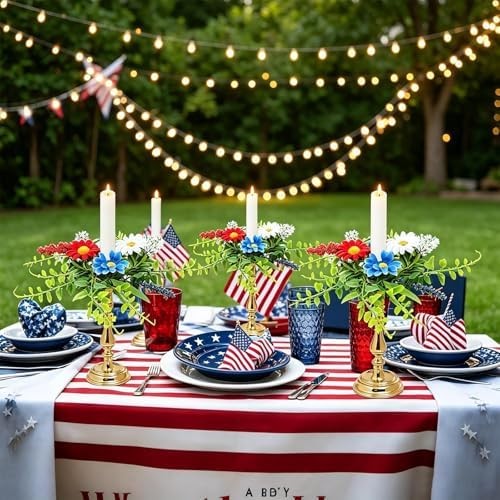 6 PCS Patriotic American Taper Candle Rings Wreaths 1.38″ Mini 4th of July Flora