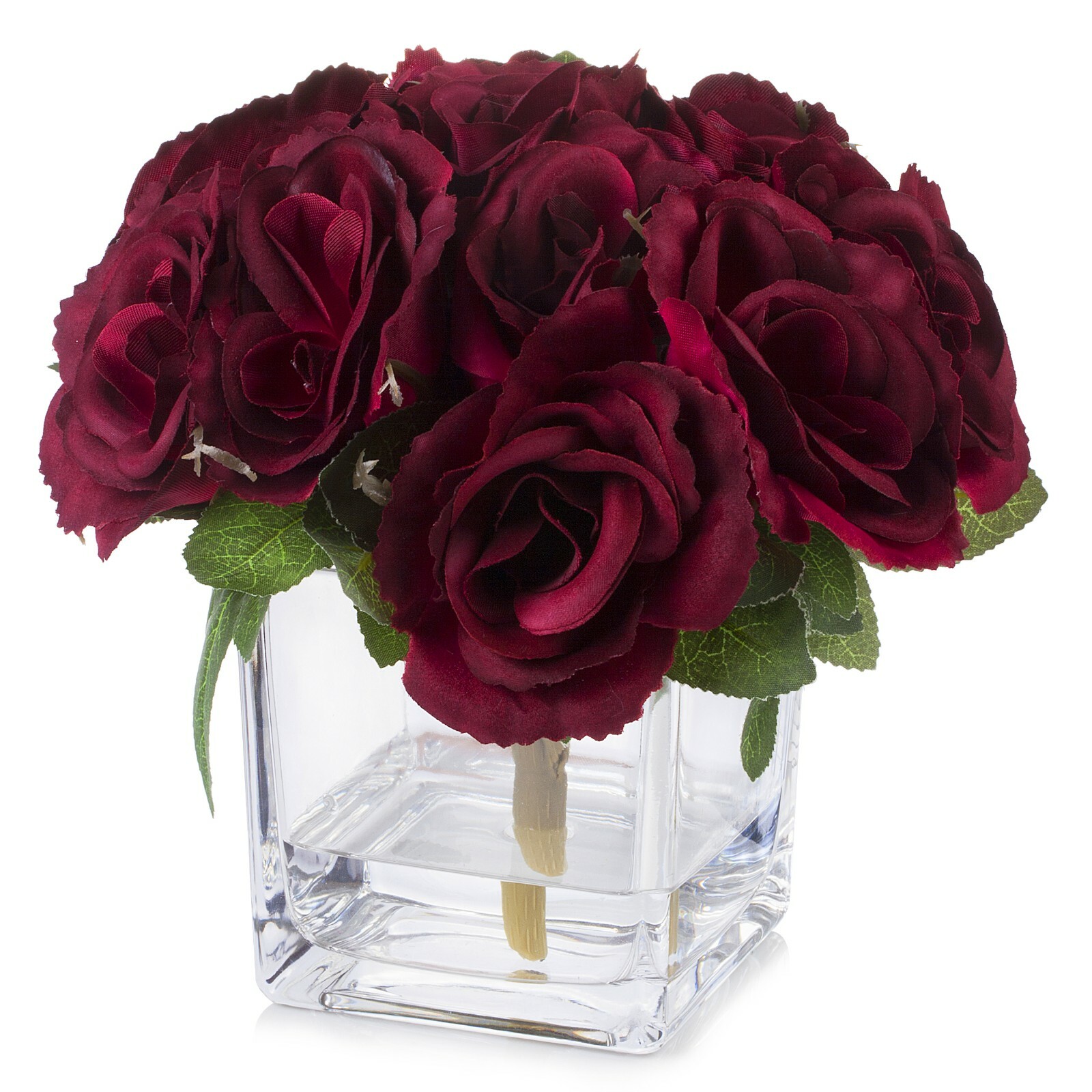 Velvet Rose Artificial Flower Arrangement Centerpiece Cube Vase Faux Water Decor