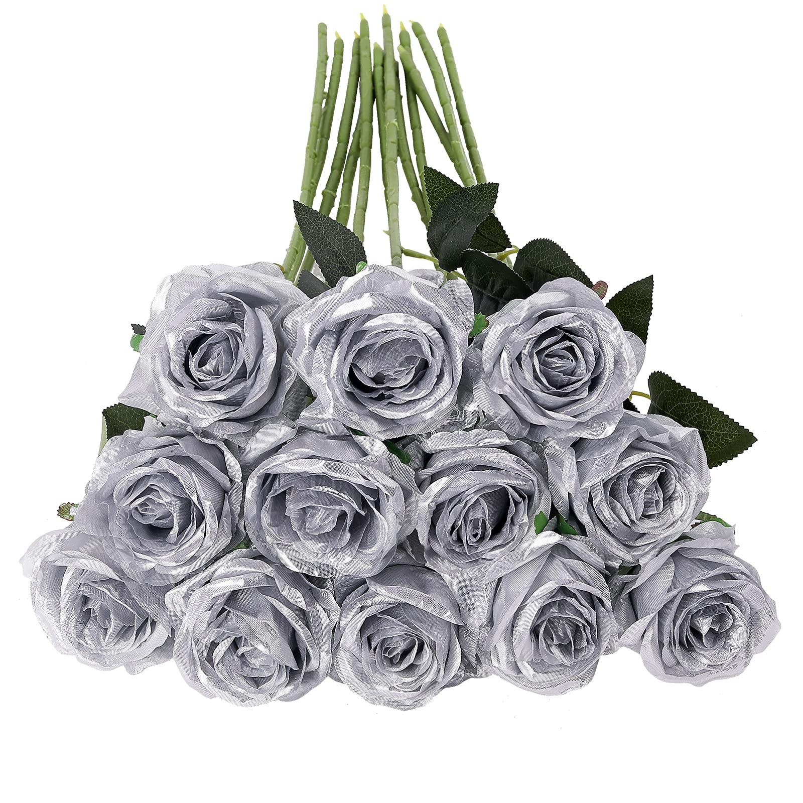 Silver Roses Artificial Flowers -12Pcs Realistic Single Long Stem Fake Silk R…