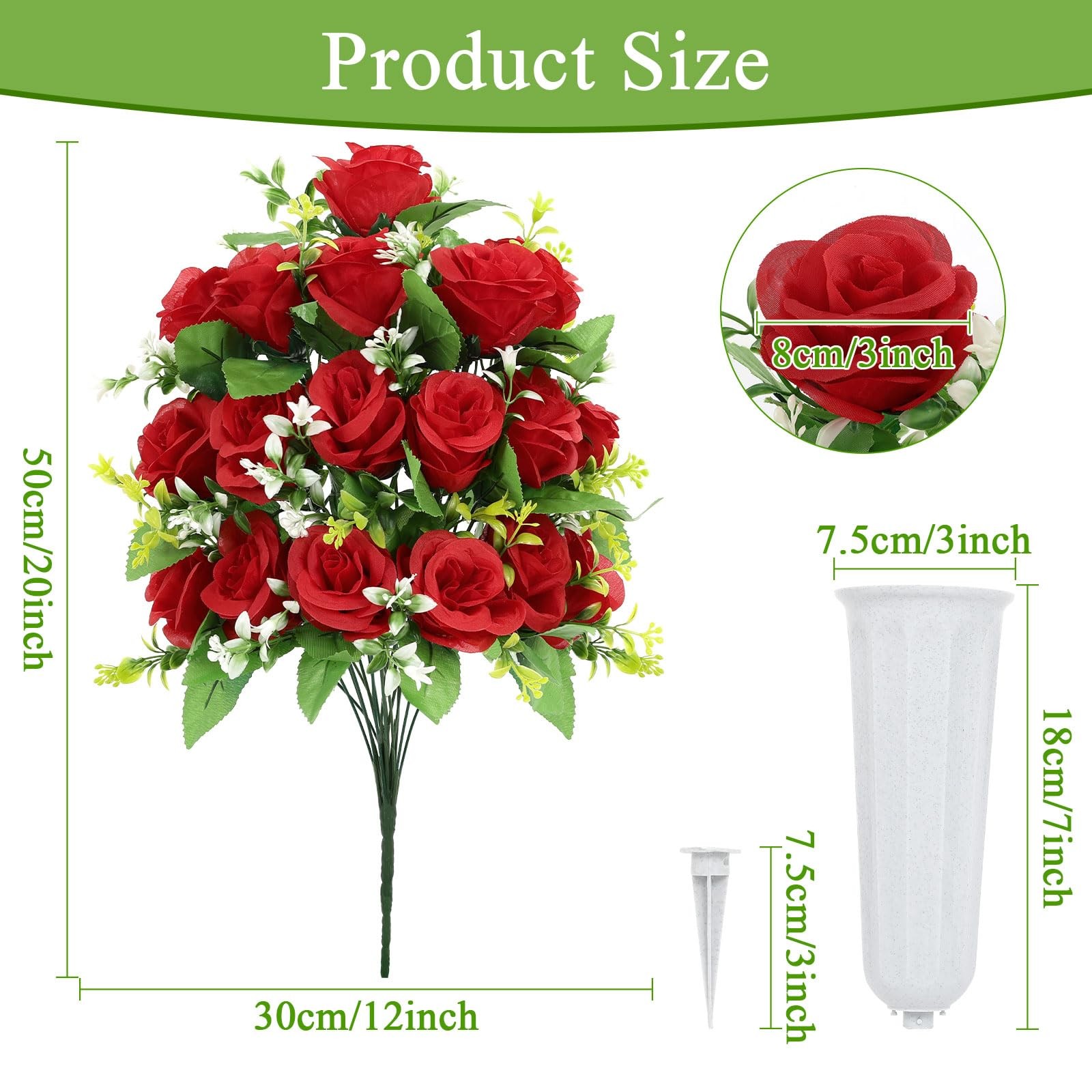2Pcs Artificial Cemetery Flowers with Vase for Grave, Silk Memorial Day Rose …