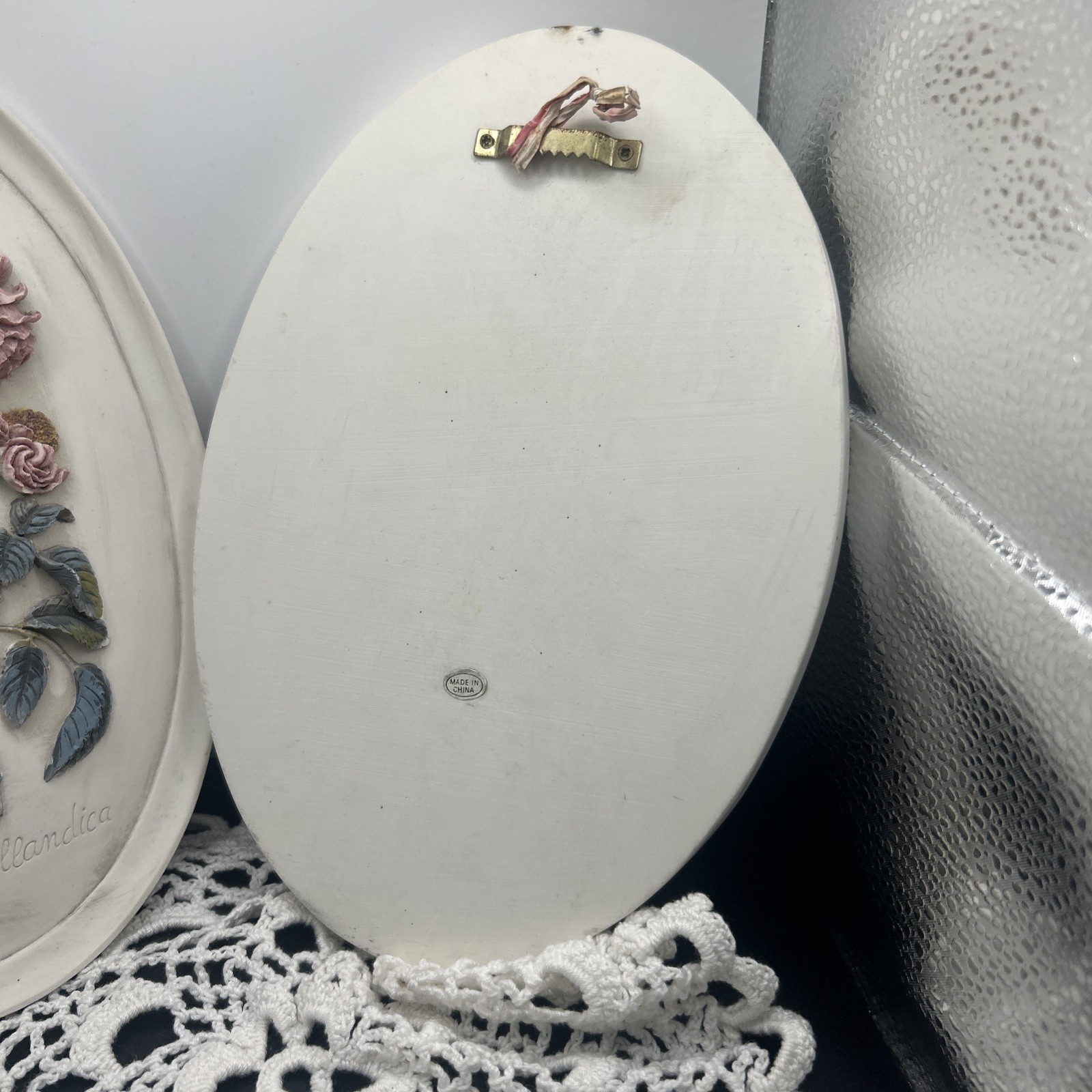 2 VTG Oval Soapstone Raised Floral Wall Plaques-Rosa hollkandica & narcissus