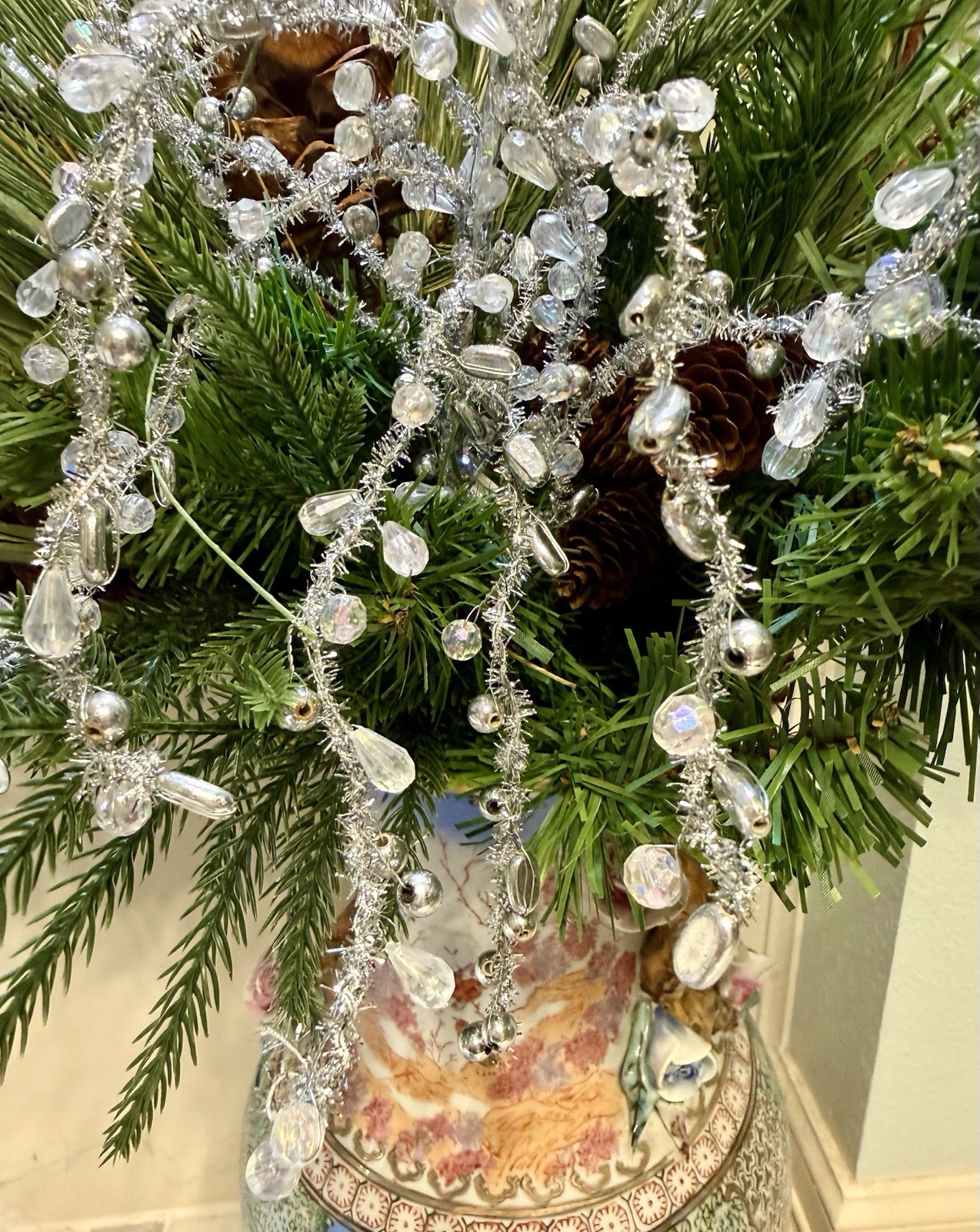 Silver & Clear Beaded Wired Tinsel Branch Stem Christmas Tree Pick 24” Long