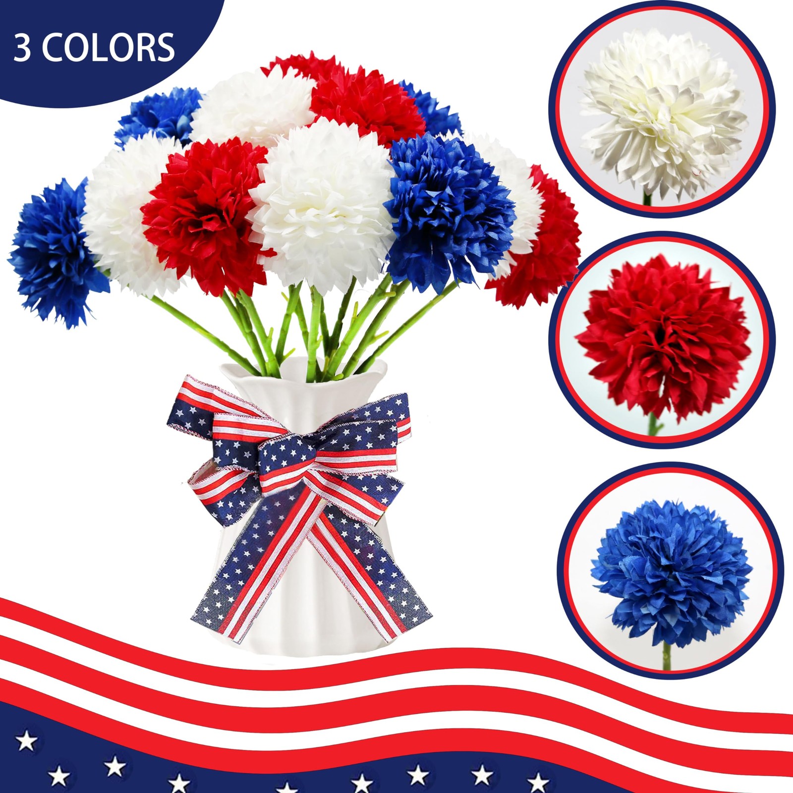12 pcs Artificial Flower Patriotic Memorial Bouquet Red White and Blue Faux B…