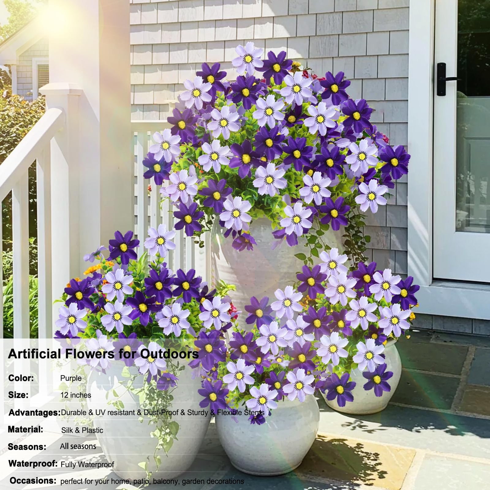 Artificial Flowers Outdoo, 4 Bundles Purple Faux Silk Daisy UV Resistant, Rea…