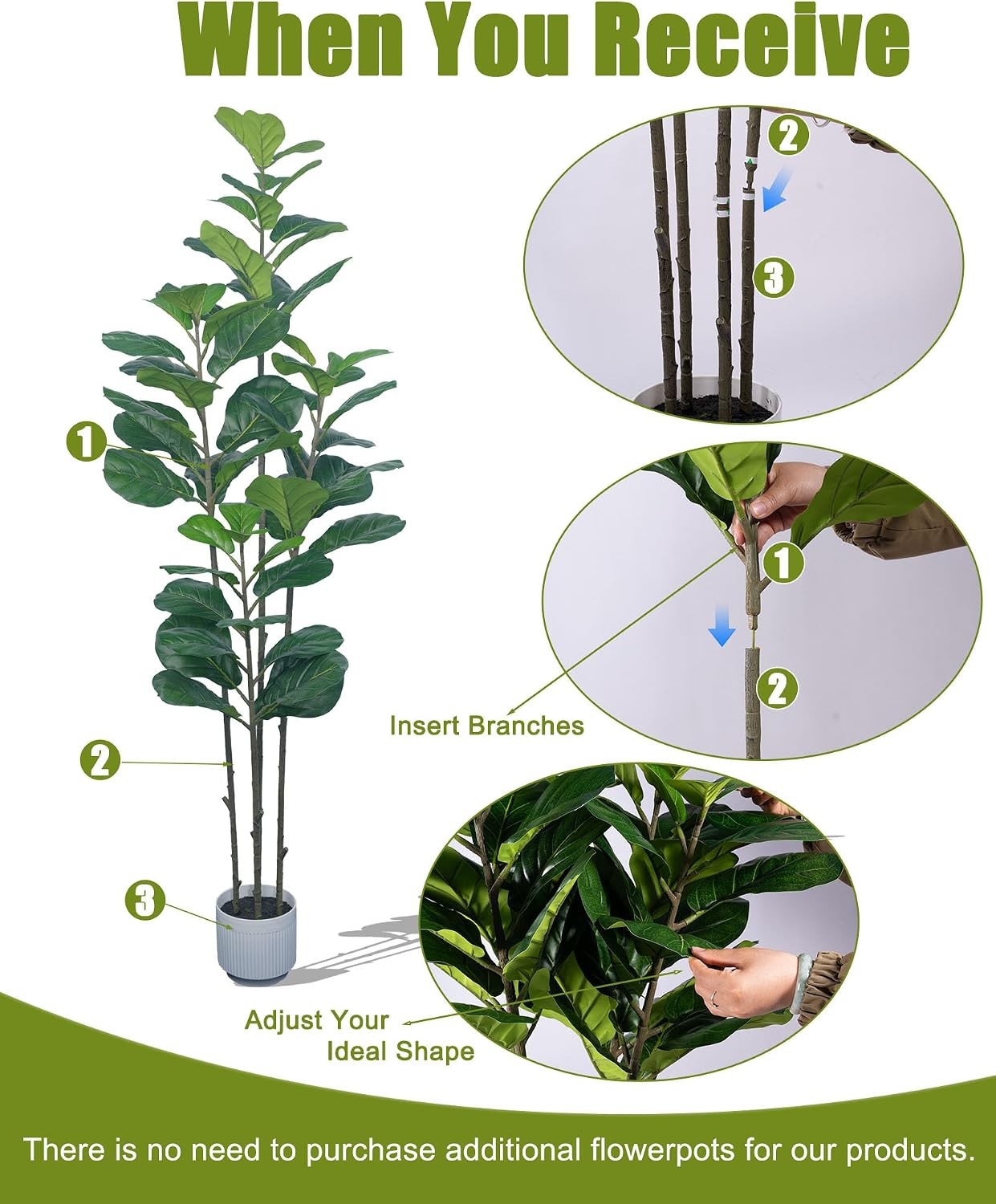 6FT Artificial Fiddle Leaf Fig Tree Faux Ficus Plant with White Planter & Moss