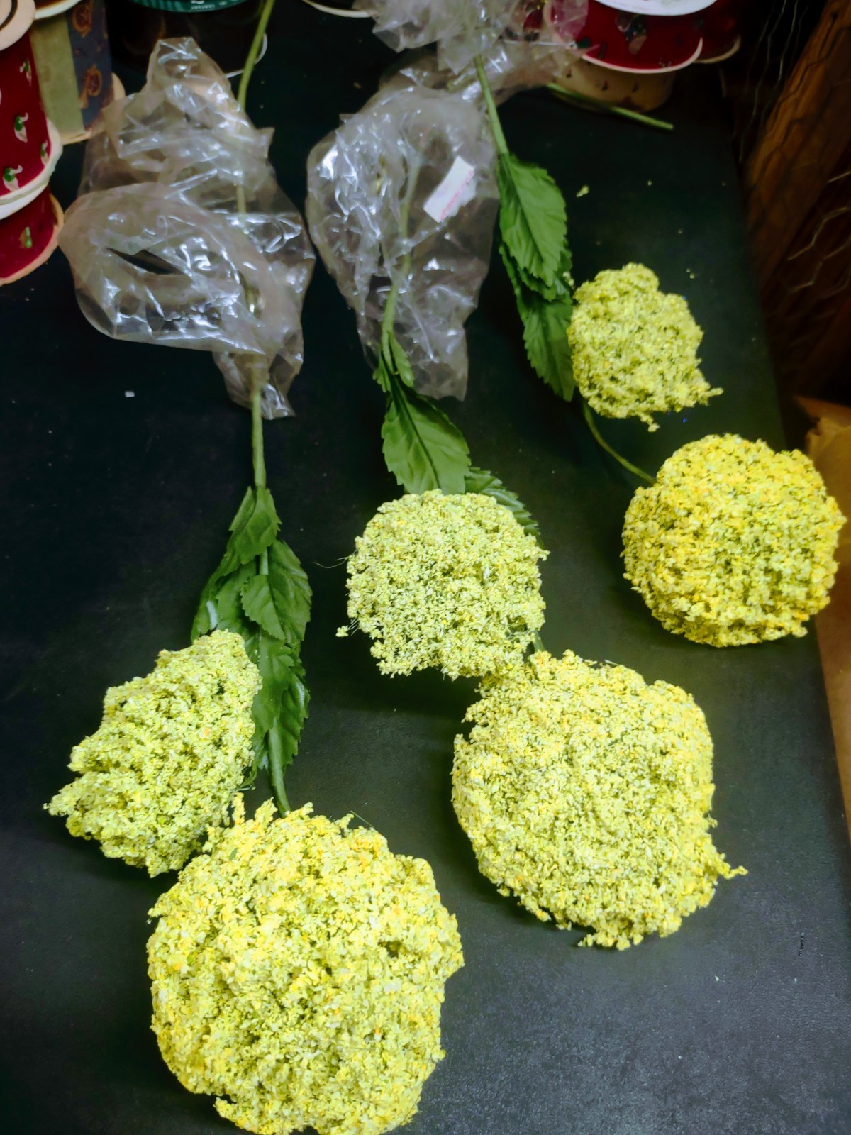 Set of 3 Stems: Yellow Fluffy Yarrow, Wired Bloom Heads with Silk Leaves 21″