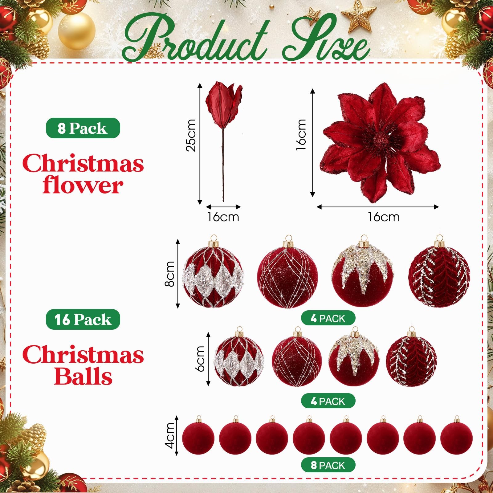 24 PCS Red Christmas 6.3 Inch Glitter Poinsettia Artificial Flowers Balls
