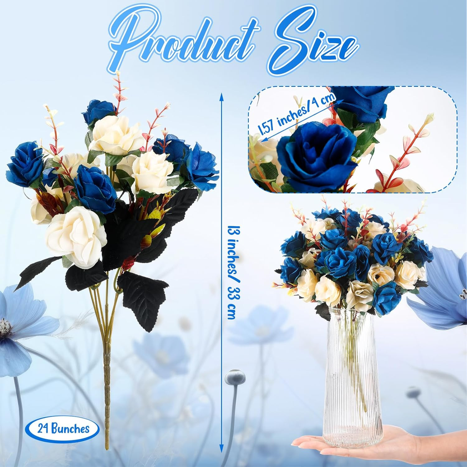 Dark Blue Silk Roses – 24 Bunches Faux Flower Centerpiece for Wedding Decor