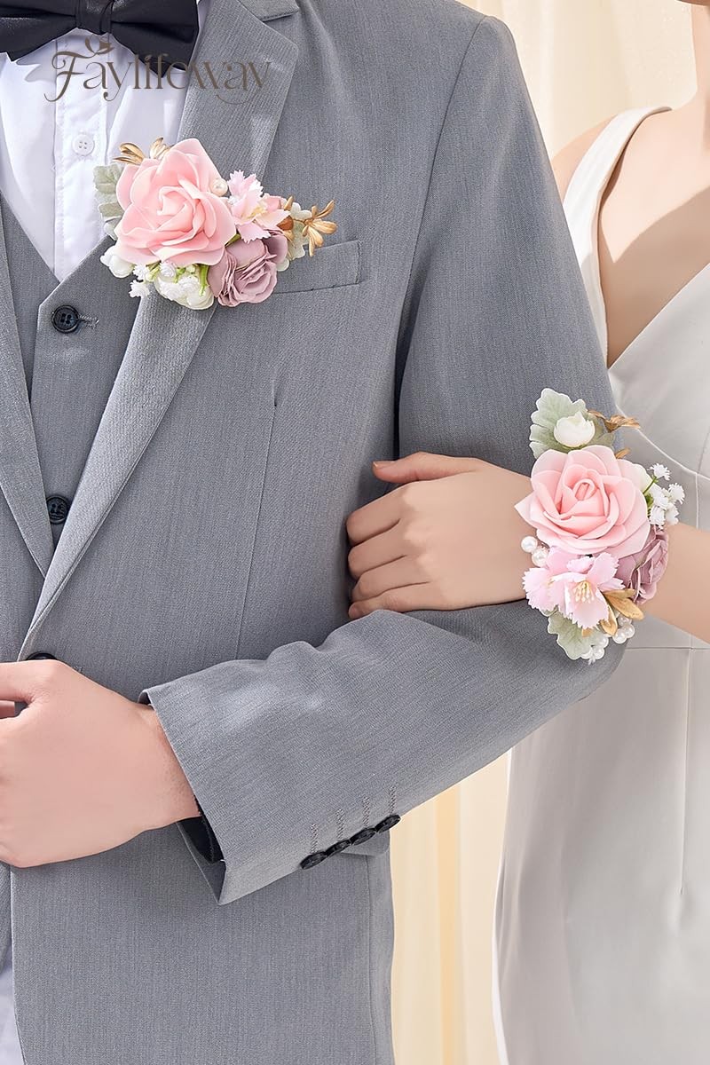 Pink Rose Corsage and Boutonniere Set Prom Flower Wrist Corsage for Wedding B…