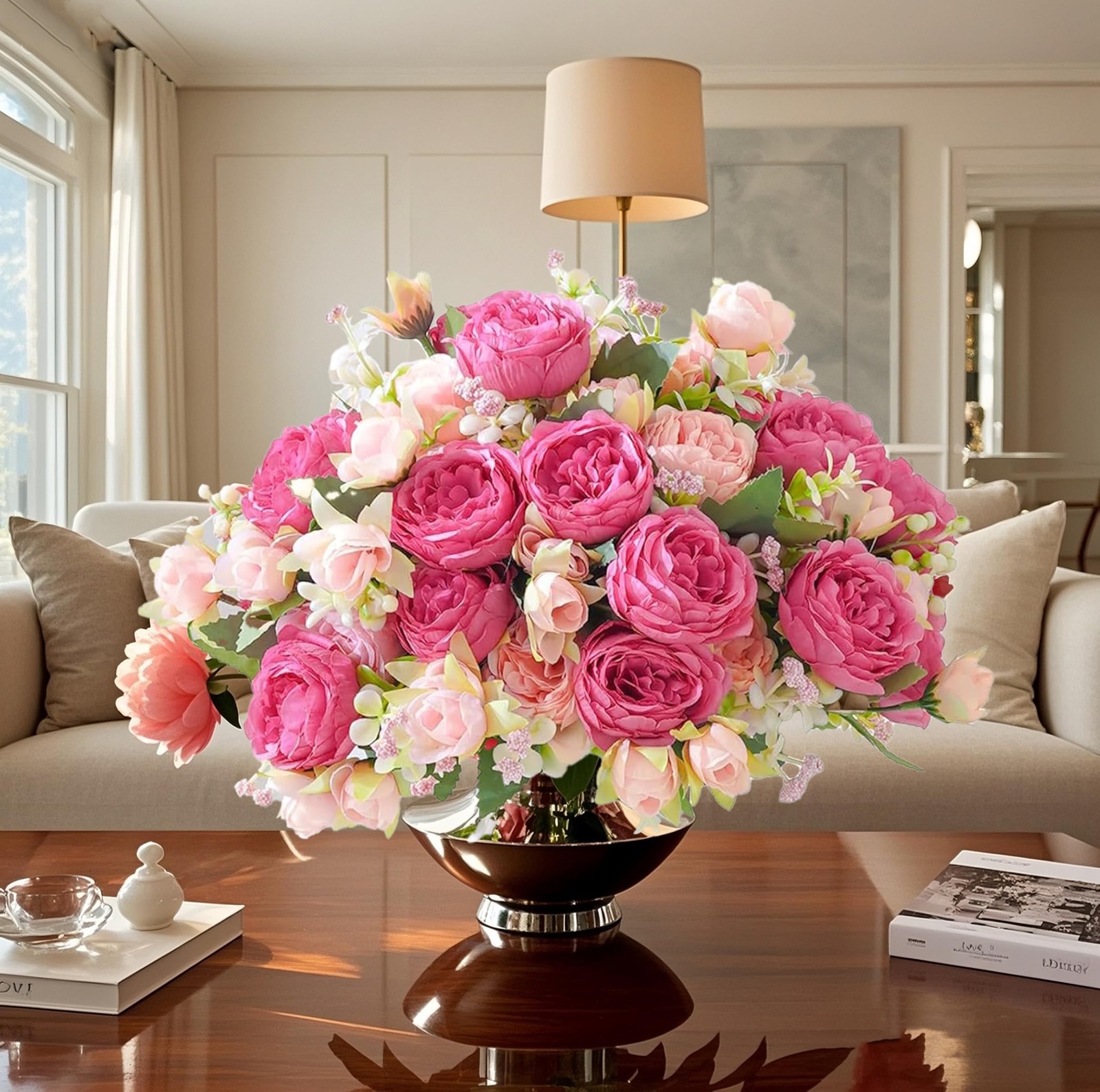 peonies artificial flowers 12 Bundles pink flowers bouquet, Lifelike Silk Fak…