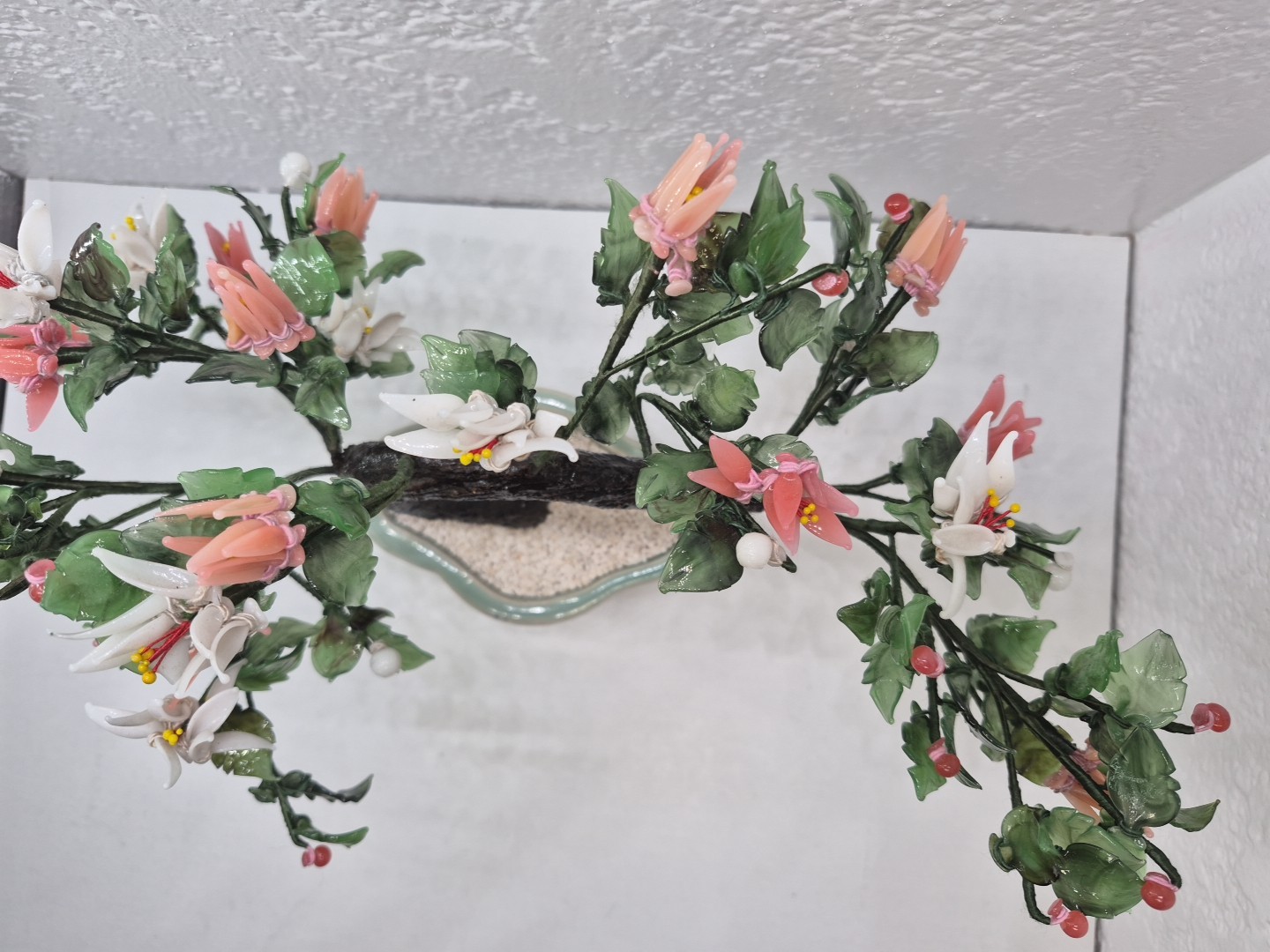 Vintage Chinese Glass Stone Jade Cherry Blossom Bonsai Tree Pink & White Flowers