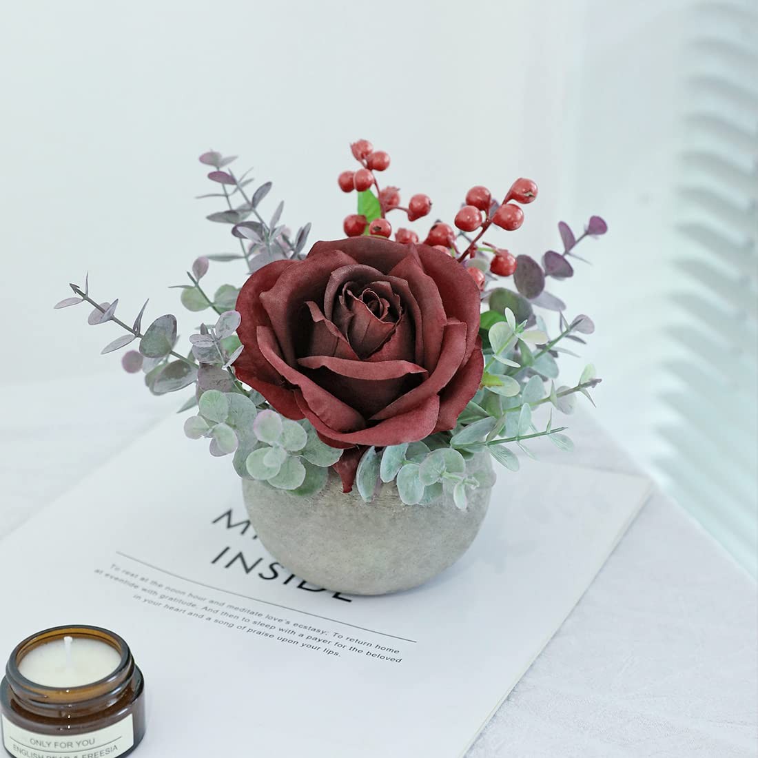 6″ Small Artificial Burgundy Rose Potted Plant In 3.5″ Round Pot Faux Desk