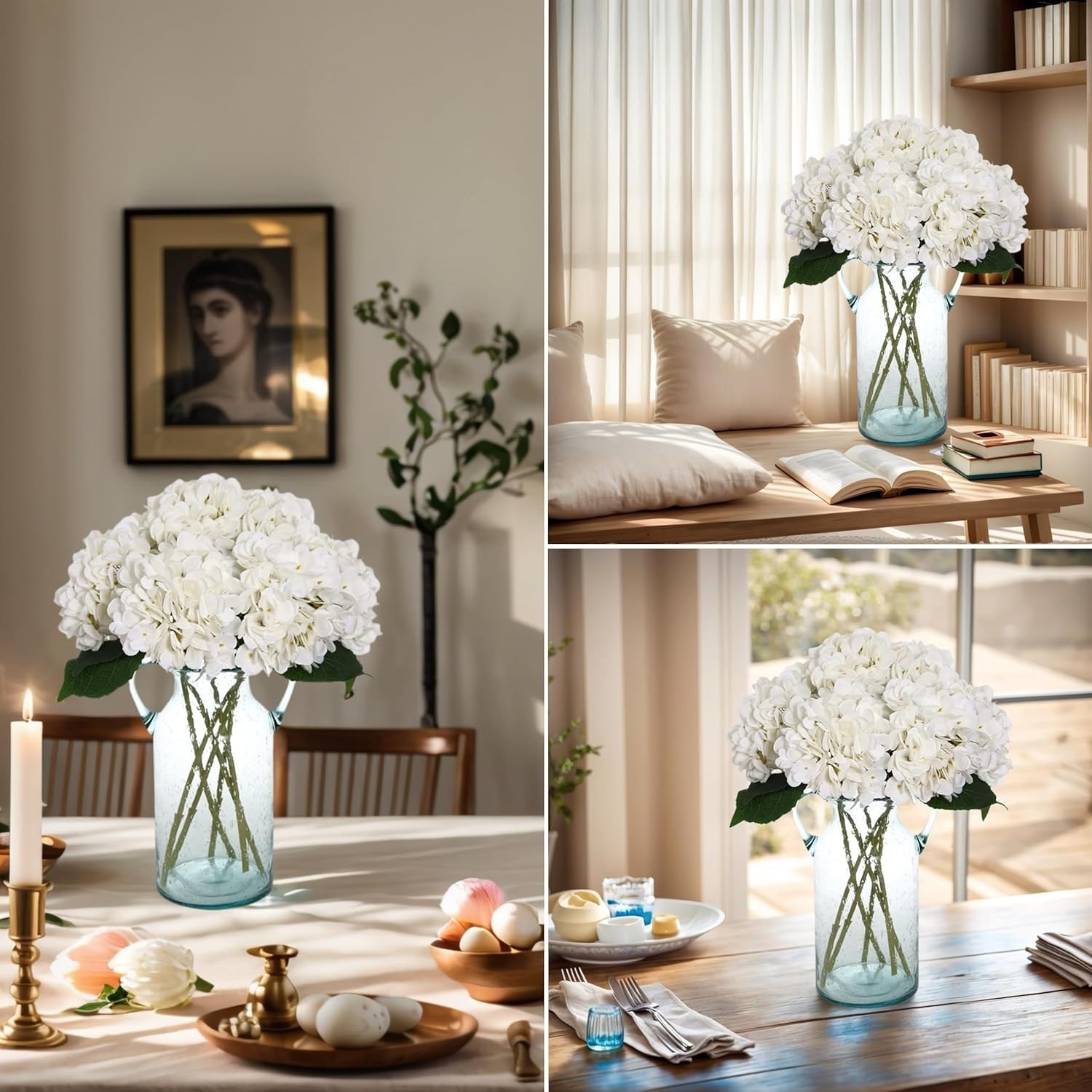 Cabin 6pcs White Hydrangeas Artificial Flowers Silk Fake Hydrangeas Faux Hydrang