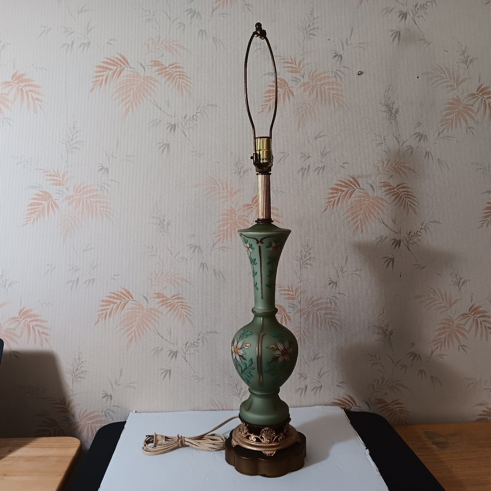 Gorgeous Hollywood Regency Hand Painted Floral Satin Glass Table Lamp