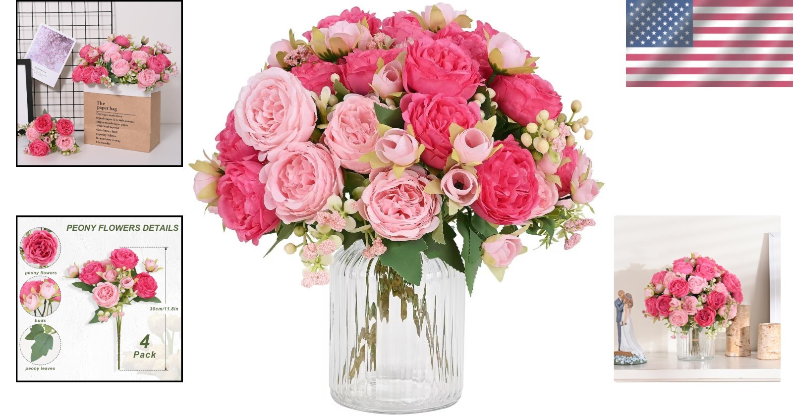 4 Packs Mixed Pink Artificial Peonies Bouquet for Home Decor & Weddings