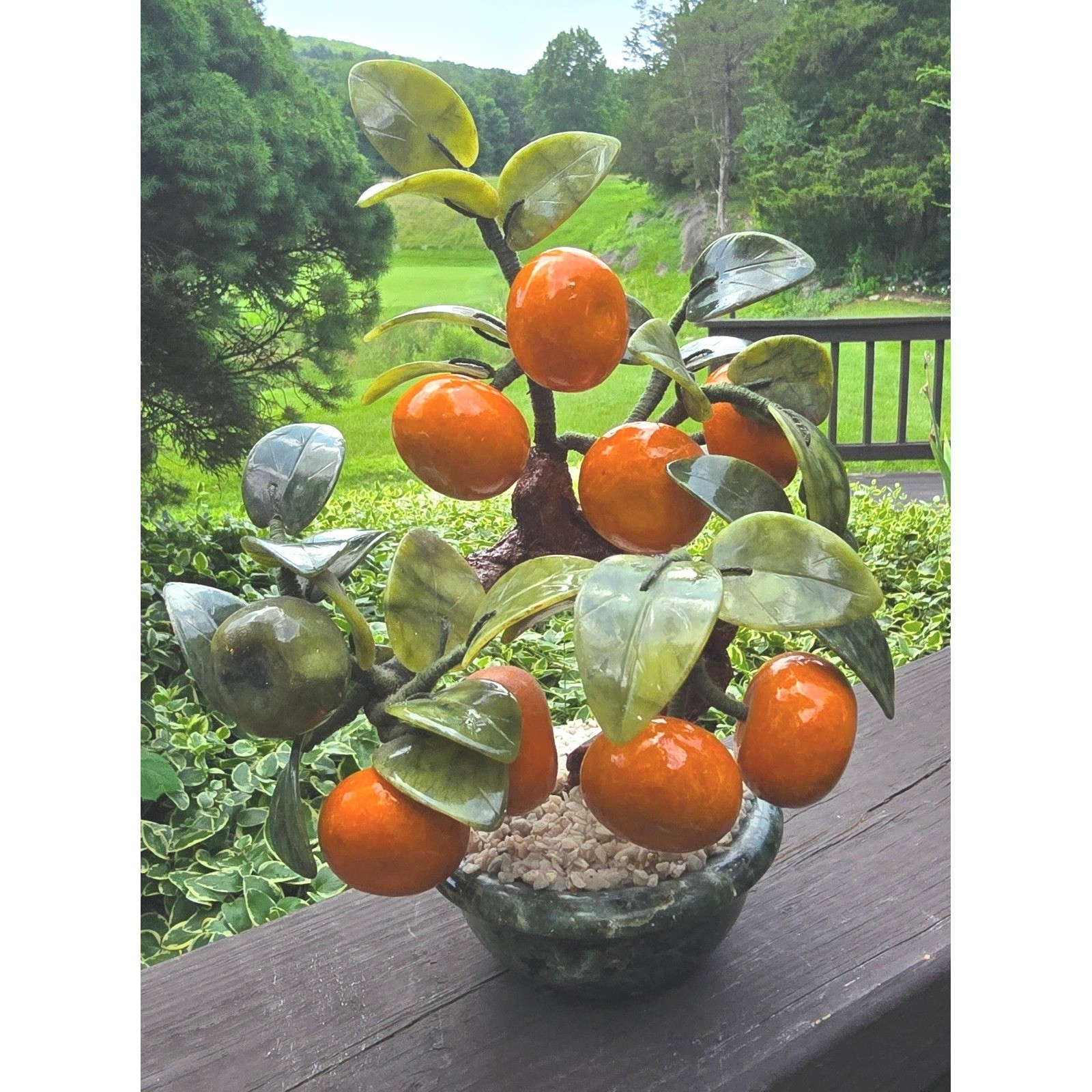 Vintage Chinese Glass Jade Agate Orange Persimmon Bonsai Tree Carved Pot