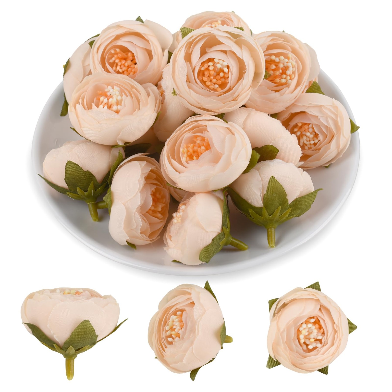 Artificial Peony Flower Heads, Cream White with Peach Center, Silk Fabric wit…