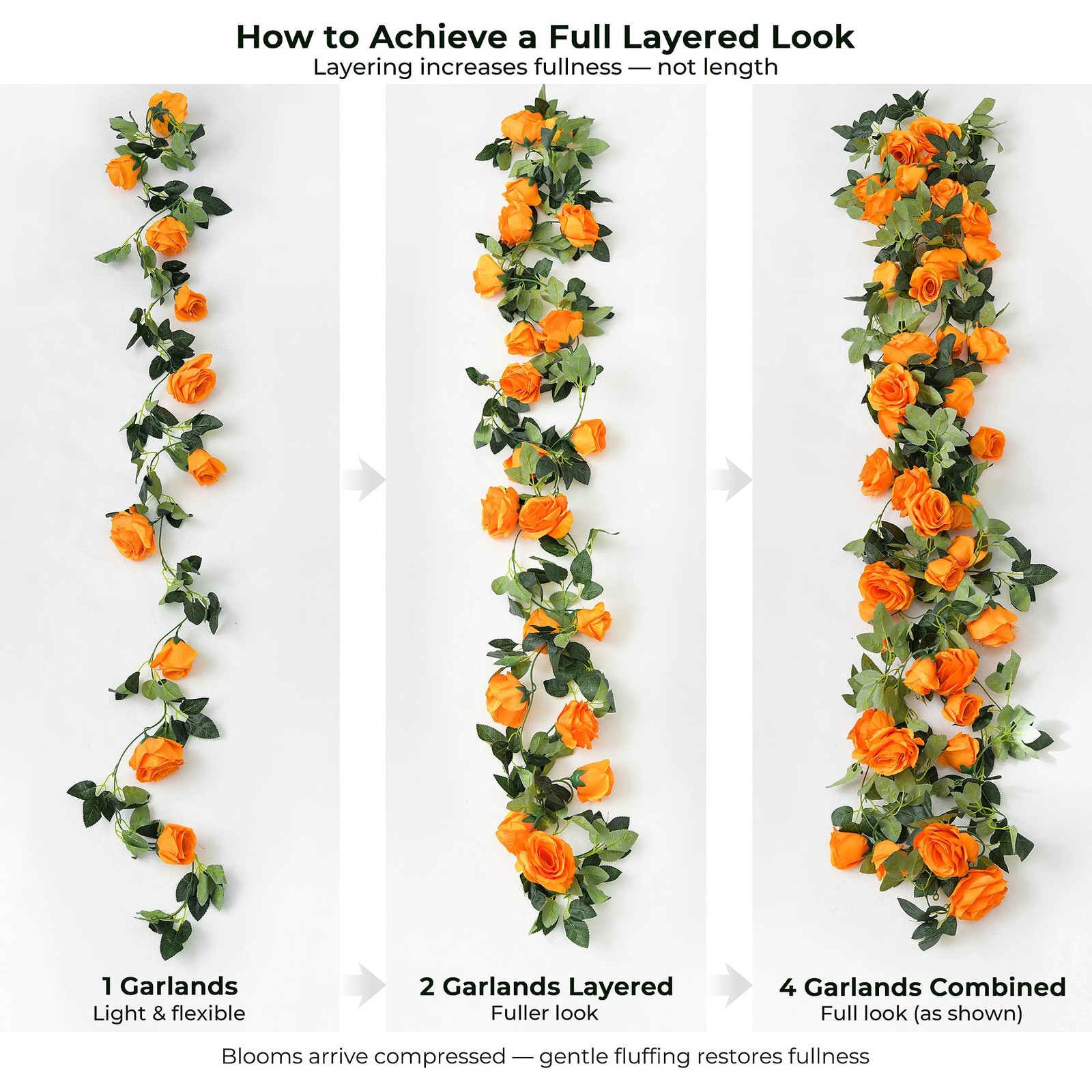 FiveSeasonStuff Warm Orange Artificial Rose Garlands, Four Separate Faux Flow…