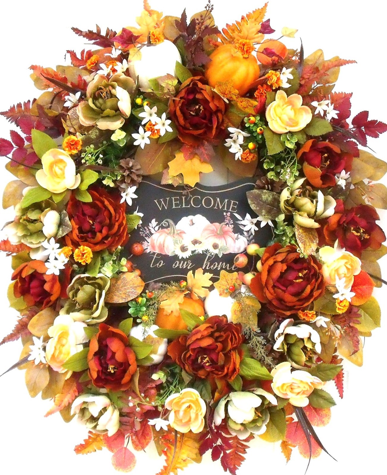 Fall Door Wreath, Thanksgiving Autumn Peony Pumpkin Wreath, Sage Orange Rust