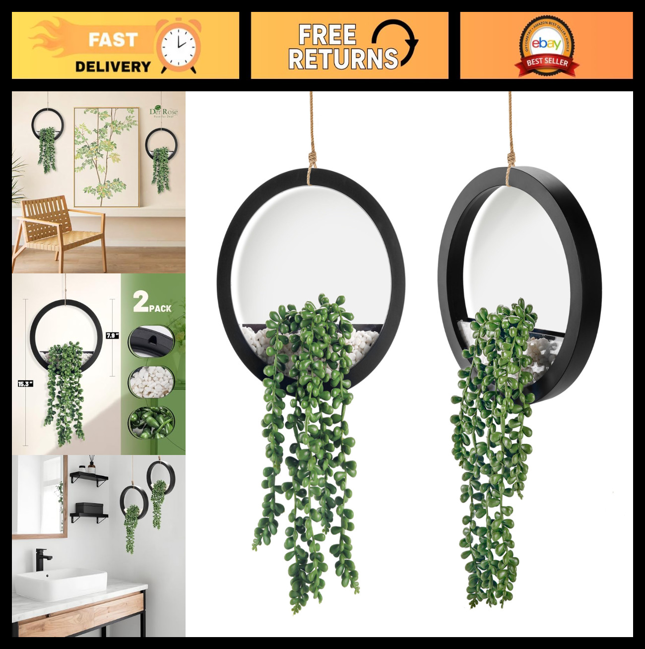 2 Pack Artificial Succulent Plants in Black Pots – Hanging Decor for Living Room