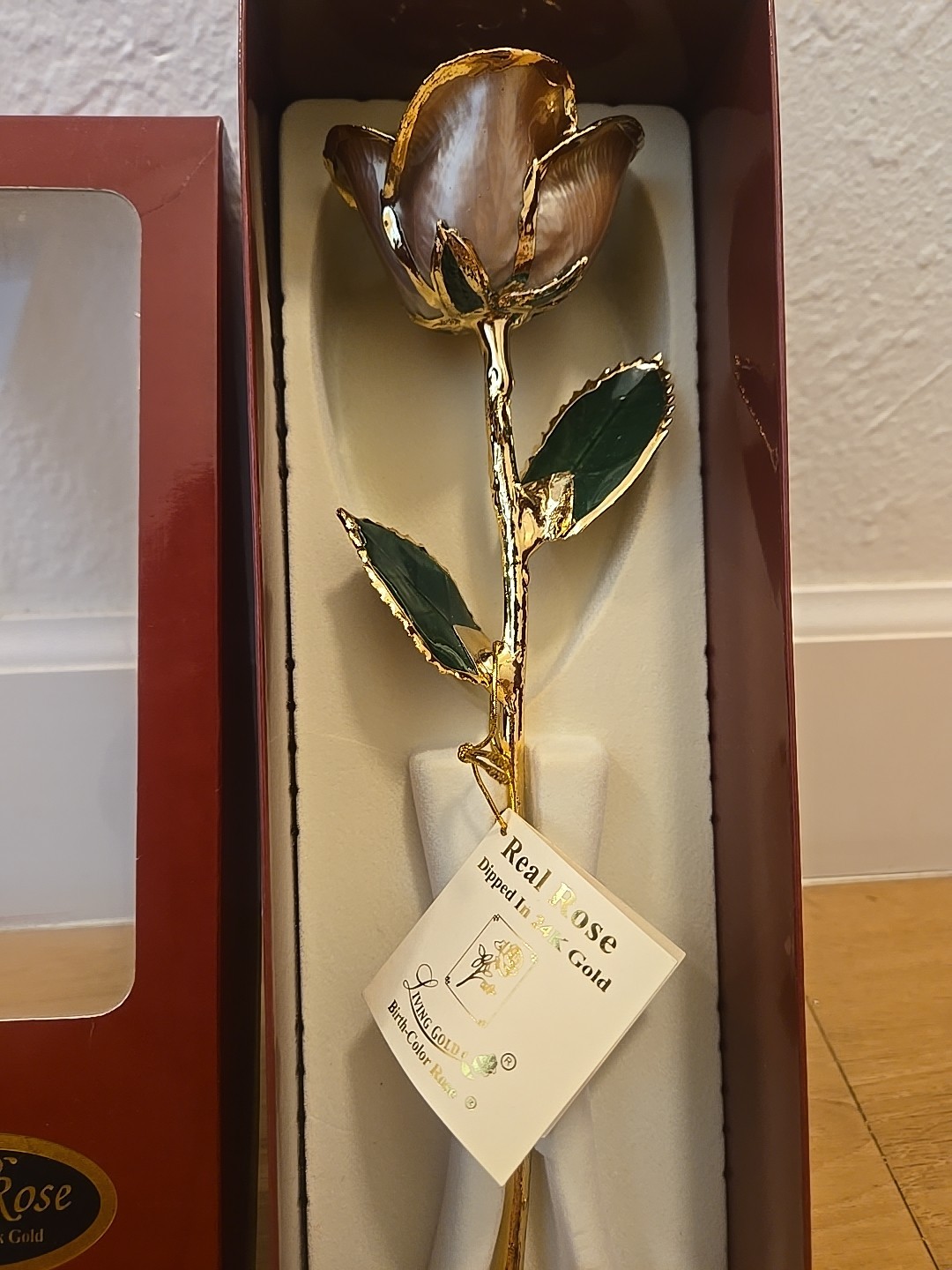 LIVING GOLD REAL ROSE DIPPED IN 24K GOLD BEIGE BOXED Vintage With Certificate
