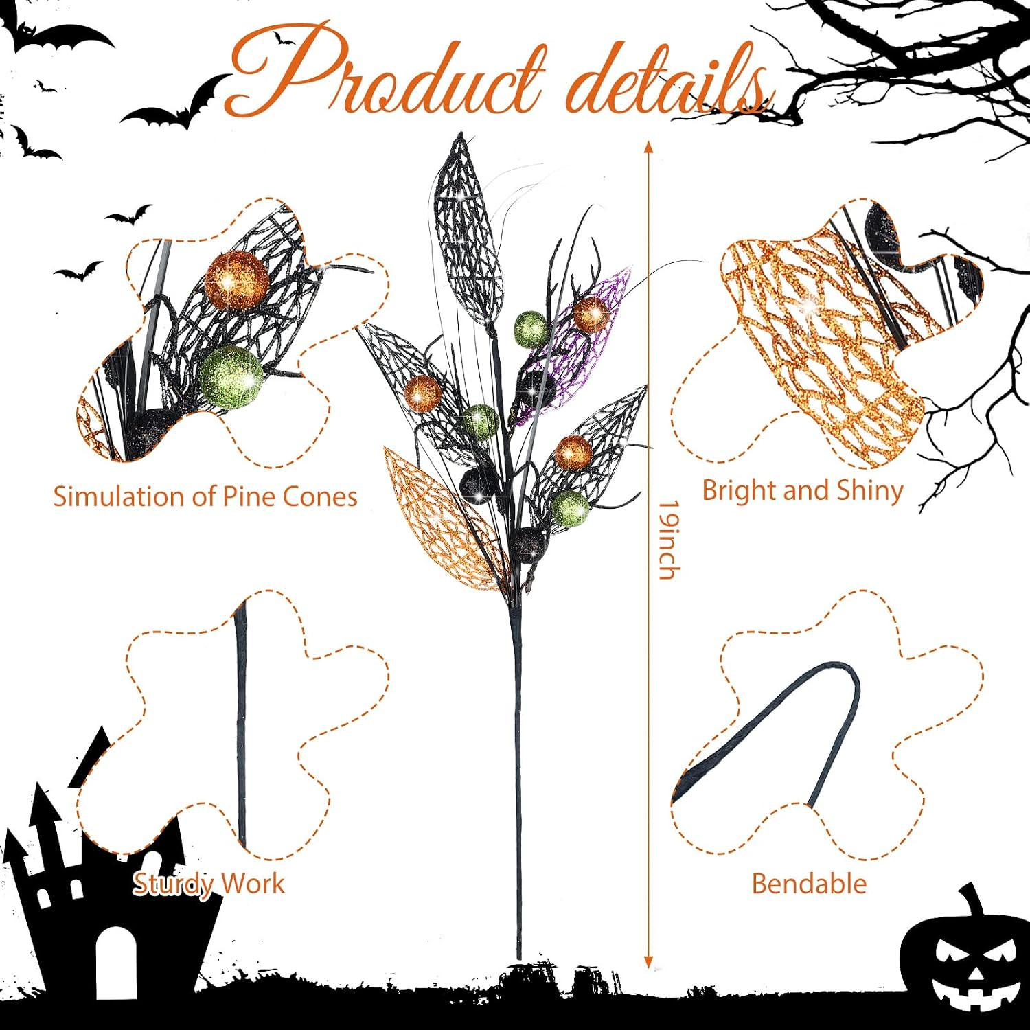 8 Pcs Halloween Branches Picks Stems Glitter Fake Twig Bush with Pumpkin Berries