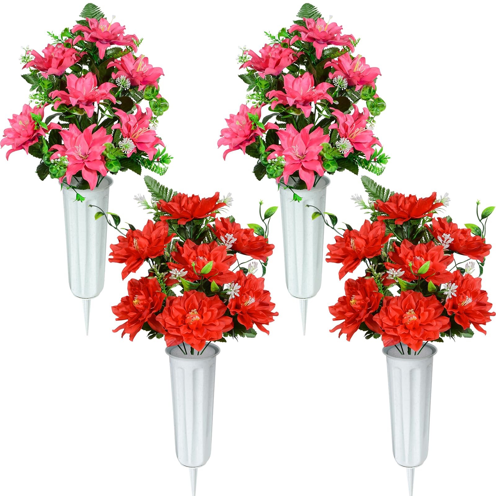 4 Set Red Artificial Cemetery Flowers Grave Memorial Flowers with Vase Bouquets