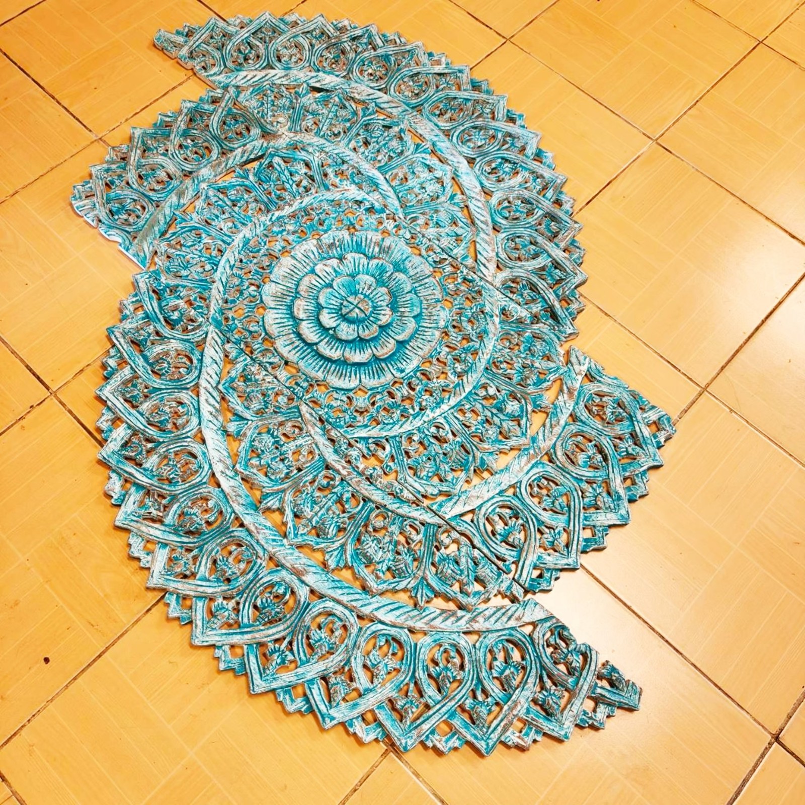 36″ Turquoise Wood Mandala Wall Art Teal White Wash Carved 3-Piece Bohemian #G
