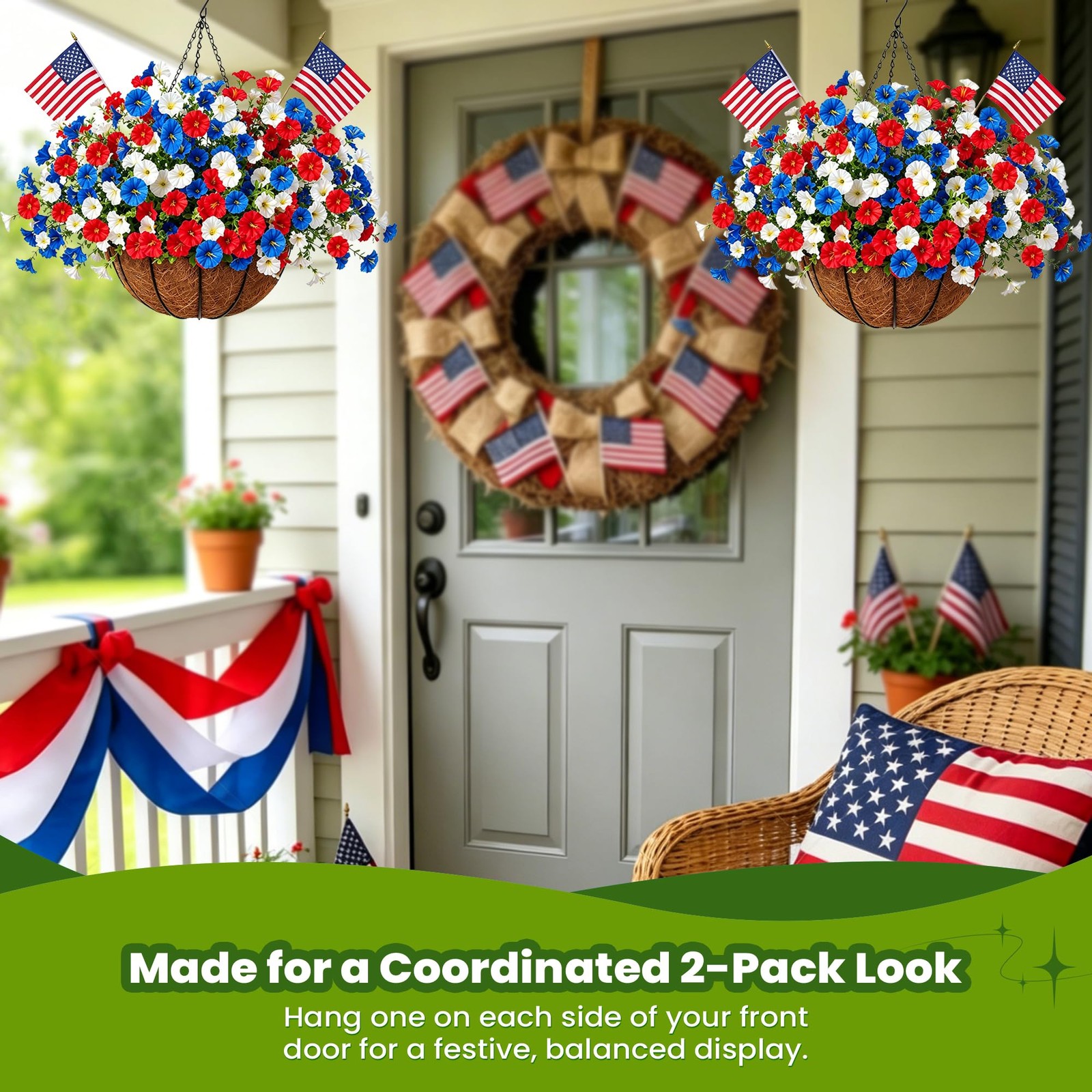 Artificial Hanging Flower Baskets, Red, White, and Blue Patriotic Faux Flower…