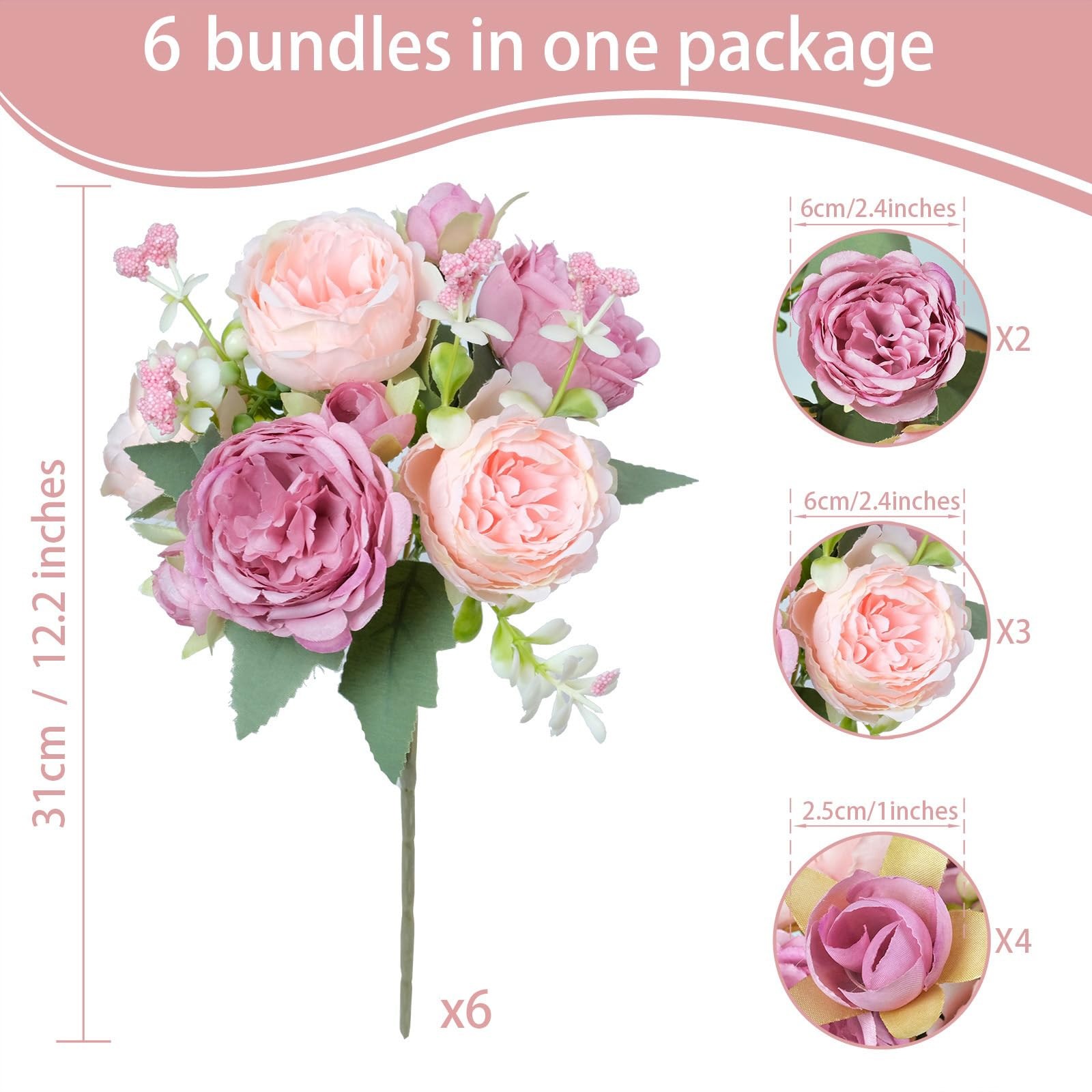 6 PCS Peonies Artificial Flowers Bulk Mixed Pink Silk Fake Bouquet Red Floral