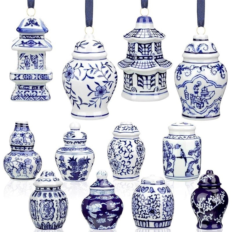 12pcs Blue White Porcelain Ginger Jars Christmas Ornaments Home Decor Collection