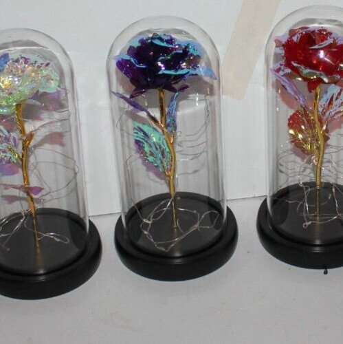 Blue Eternal Rose w LED Lights in Glass Dome Mothers Valentines Anniversary Gift