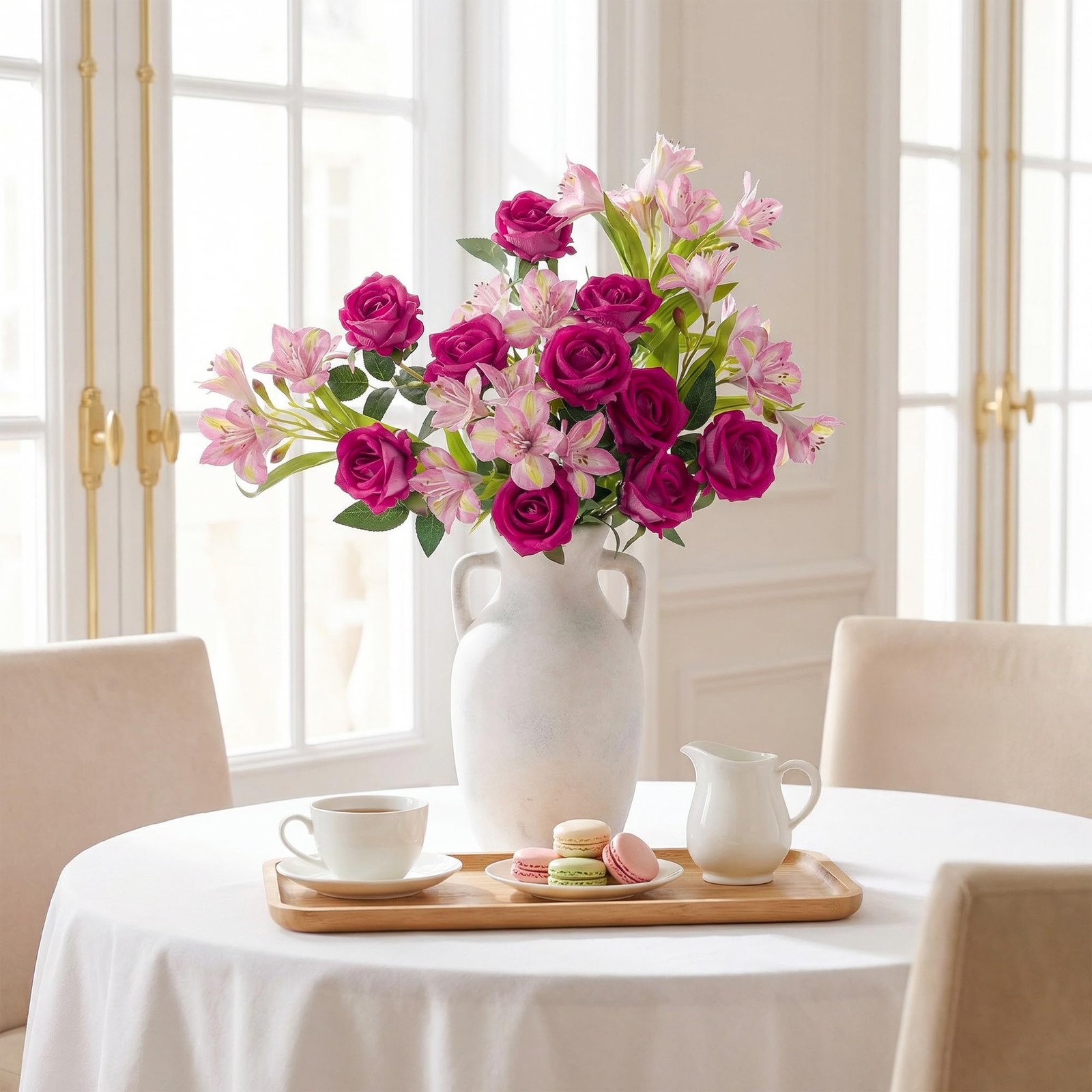 14 Pcs Artificial Flowers Red Roses Lilies Silk Bouquet Home Wedding Decor