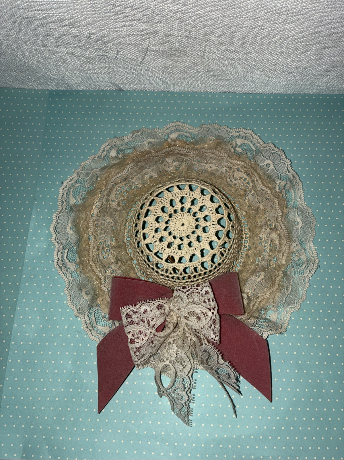 Vintage Hat With Lace And Bows Wall Decor 8” Cottagecore
