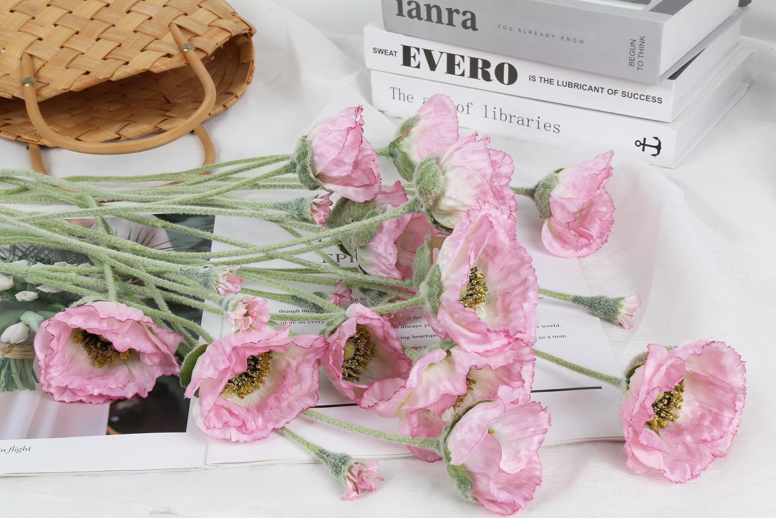 6PCS Pink Poppy Flowers Artificial 26.77in 30 Heads Faux Poppy Flowers Silk F…