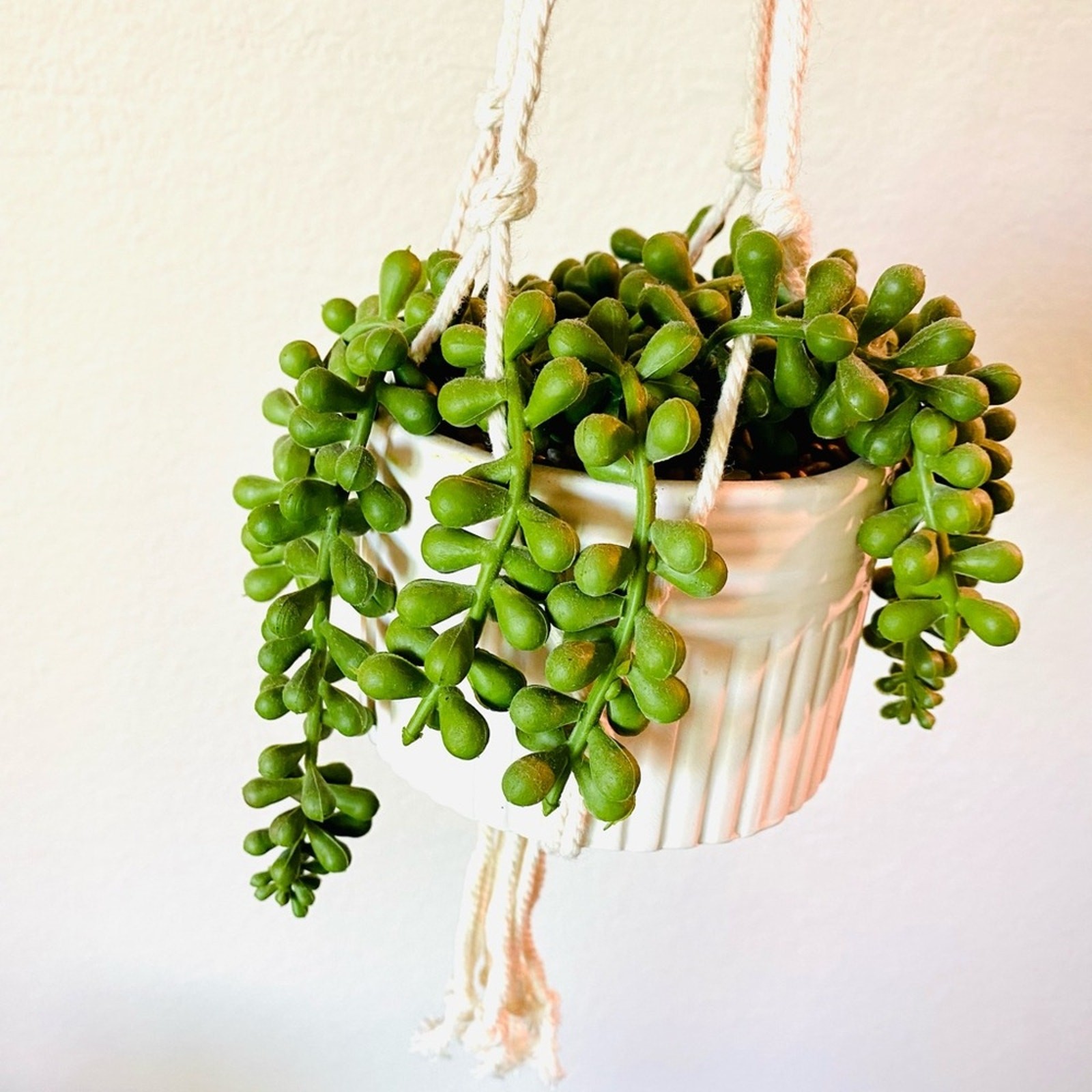Macrame Faux Plant Planter White Ceramic Etched Pot Accent Decor String Pearls